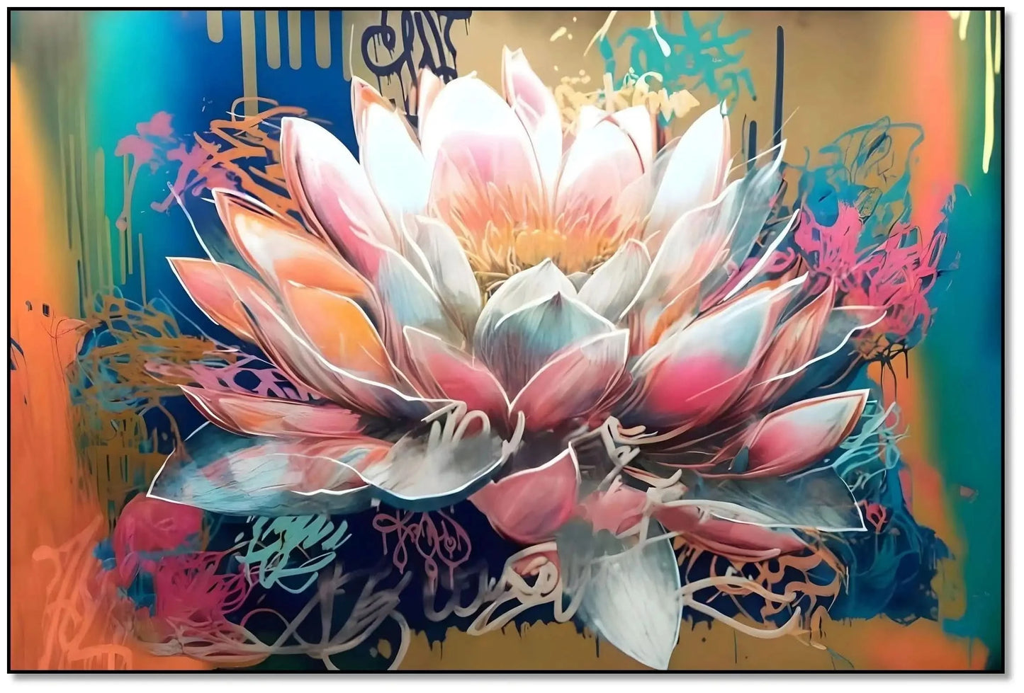 Fleur majestueuse aux pétales rose et bleu, entourée de couleurs vibrantes, créant une ambiance sereine et dynamique pour salon.