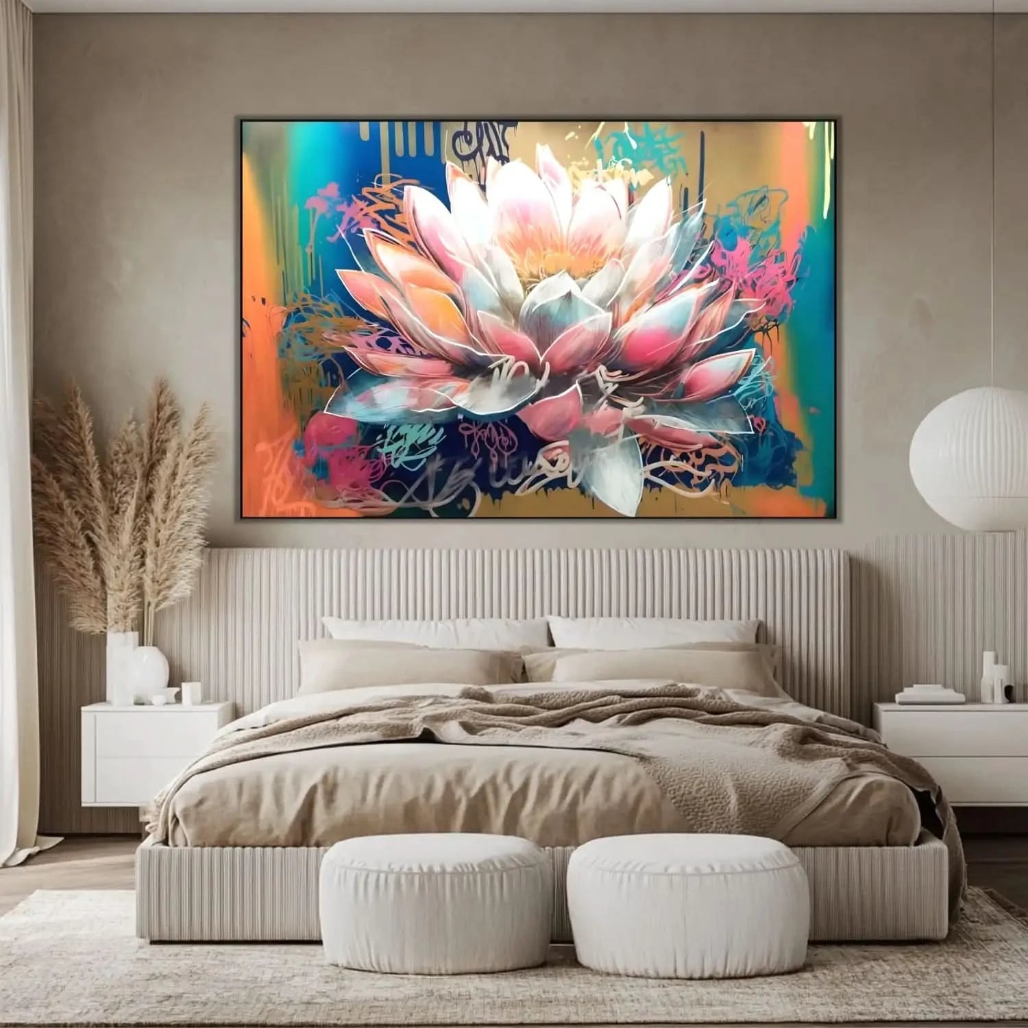 Fleur majestueuse aux pétales rose et bleu, entourée de couleurs vibrantes, créant une ambiance sereine et dynamique pour salon.