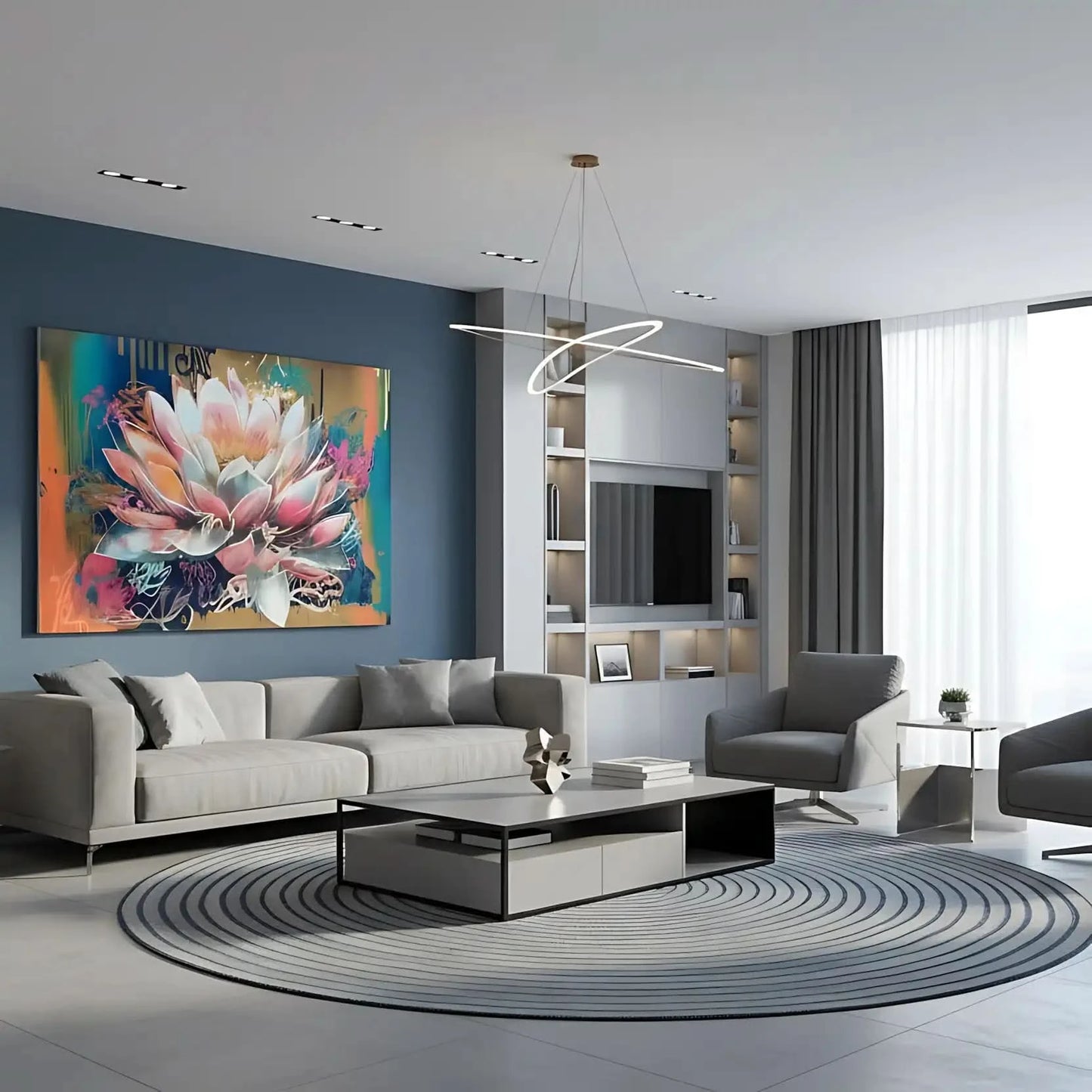 Fleur majestueuse aux pétales rose et bleu, entourée de couleurs vibrantes, créant une ambiance sereine et dynamique pour salon.