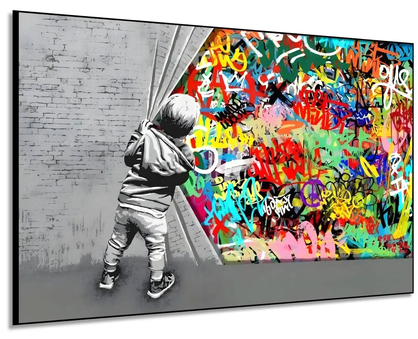 Enfant découvrant un monde de graffitis multicolores, contraste noir et blanc, ambiance dynamique pour salon moderne.