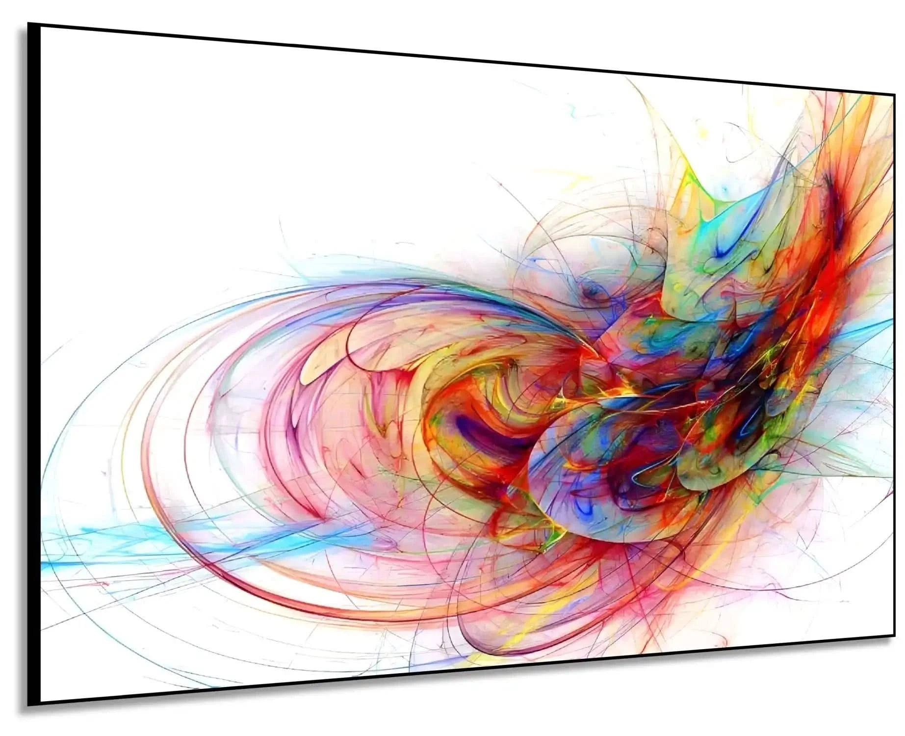 Œuvre abstraite avec tourbillon de couleurs vives, rouges flamboyants, bleus profonds et jaunes éclatants, pour salon moderne.