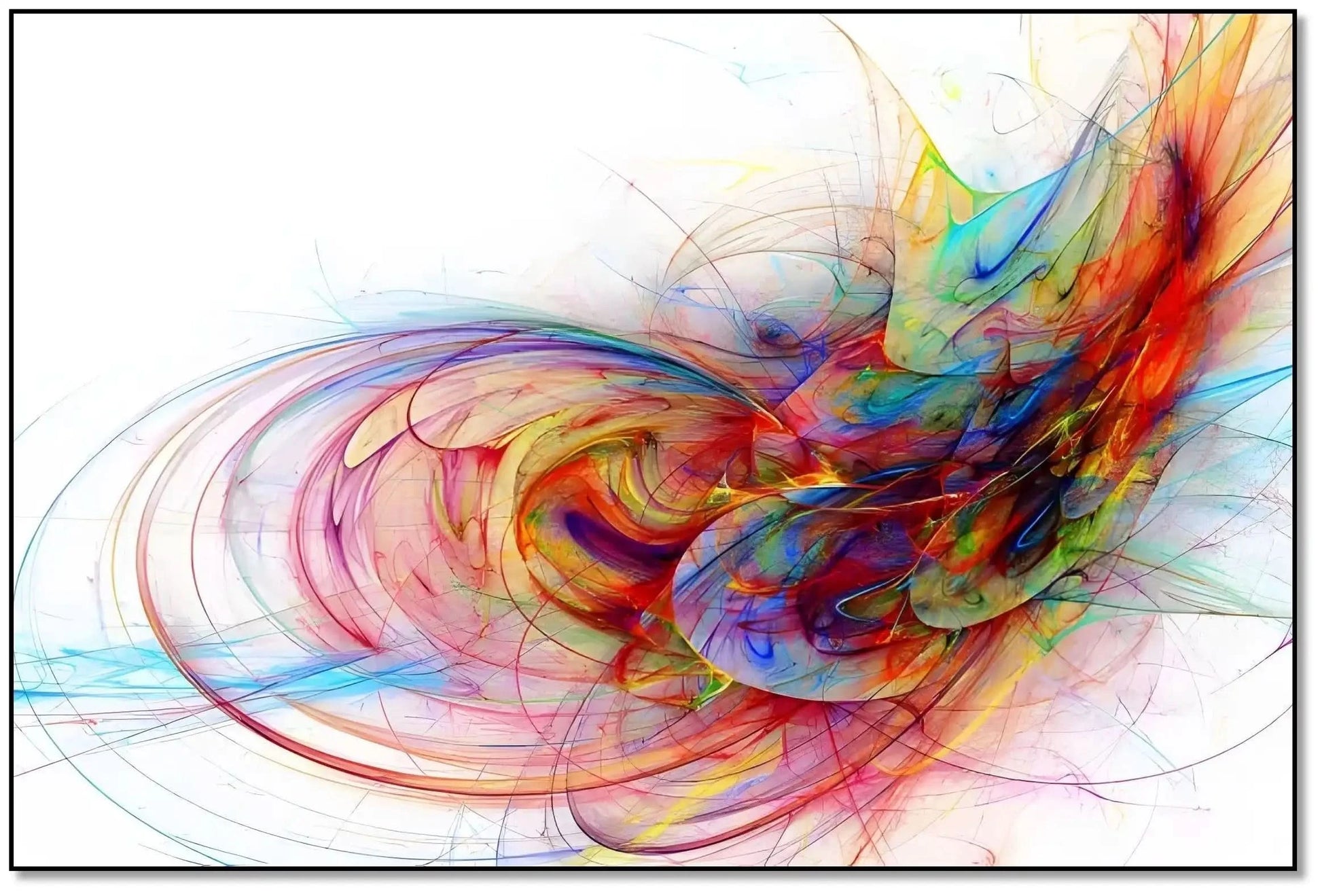 Œuvre abstraite avec tourbillon de couleurs vives, rouges flamboyants, bleus profonds et jaunes éclatants, pour salon moderne.