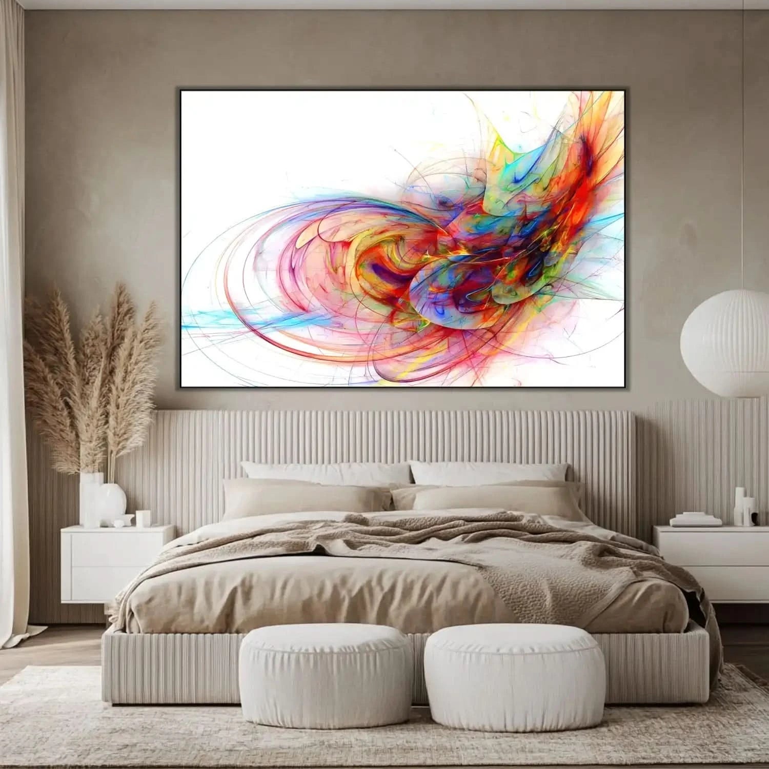 Œuvre abstraite avec tourbillon de couleurs vives, rouges flamboyants, bleus profonds et jaunes éclatants, pour salon moderne.