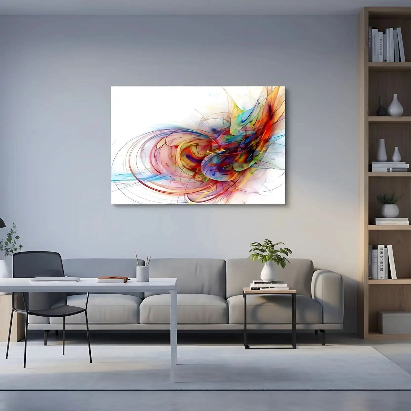 Oeuvre abstraite avec tourbillon de couleurs vives, rouges flamboyants, bleus profonds et jaunes éclatants, pour salon moderne.