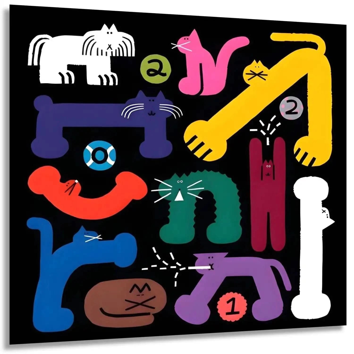 Tableau pop art avec chats stylisés, couleurs vives et formes géométriques, ambiance ludique pour salon ou chambre d'enfant.