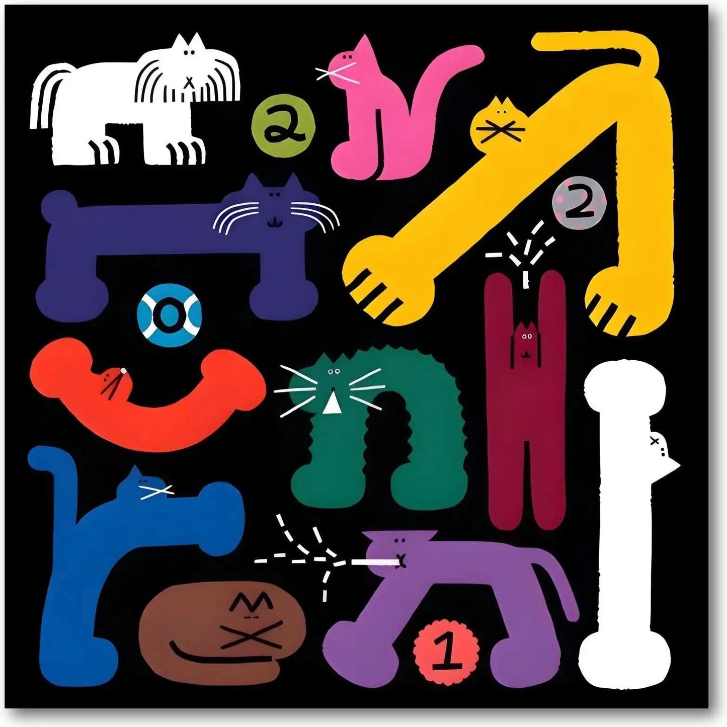 Tableau pop art avec chats stylisés, couleurs vives et formes géométriques, ambiance ludique pour salon ou chambre d'enfant.