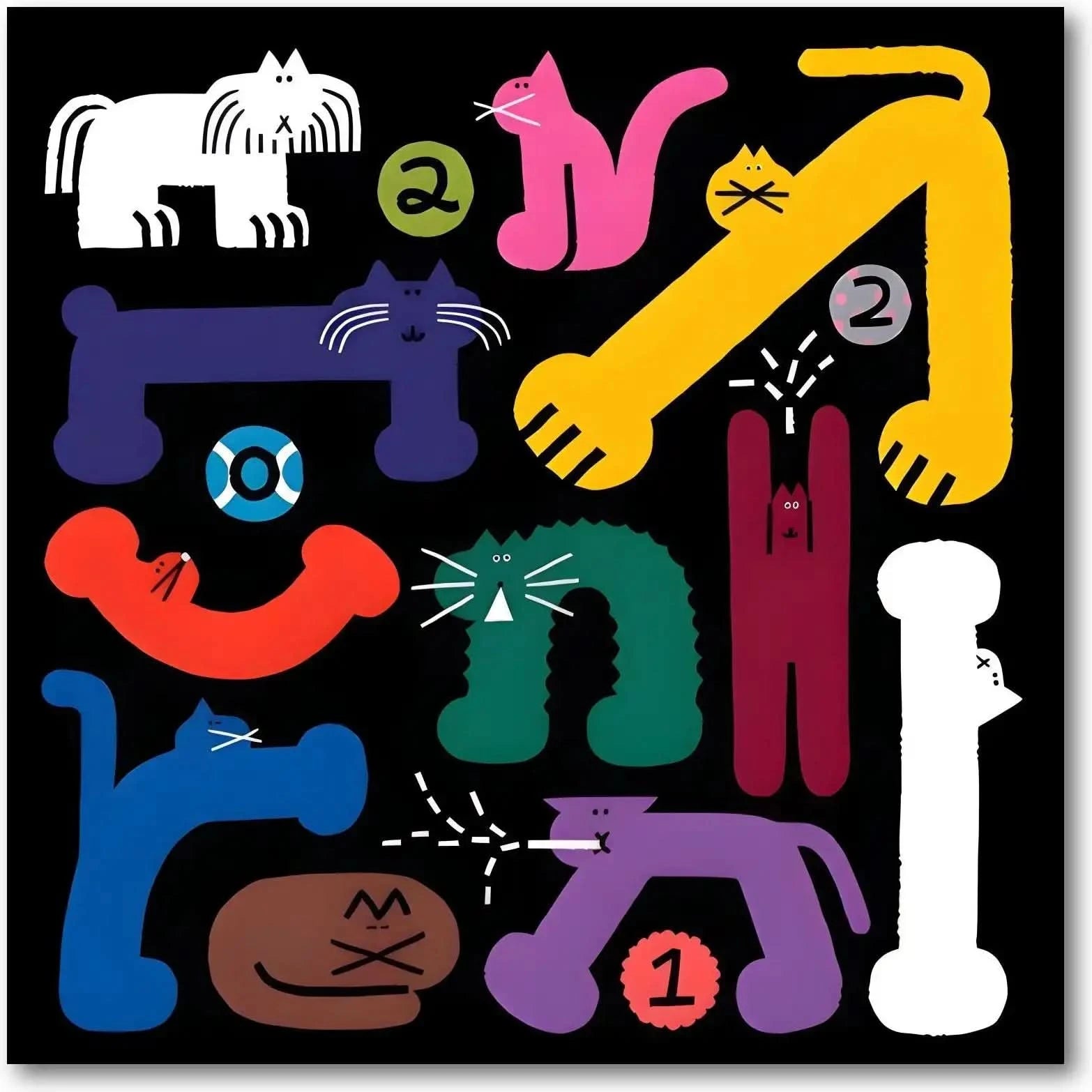 Tableau pop art avec chats stylisés, couleurs vives et formes géométriques, ambiance ludique pour salon ou chambre d'enfant.