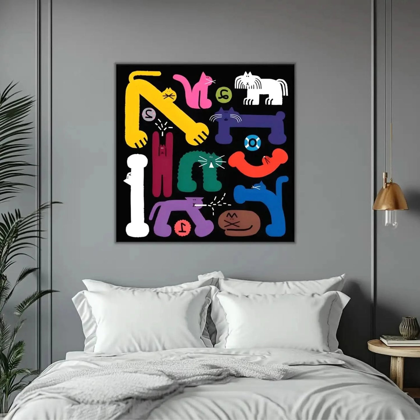 Tableau pop art avec chats stylisés, couleurs vives et formes géométriques, ambiance ludique pour salon ou chambre d'enfant.