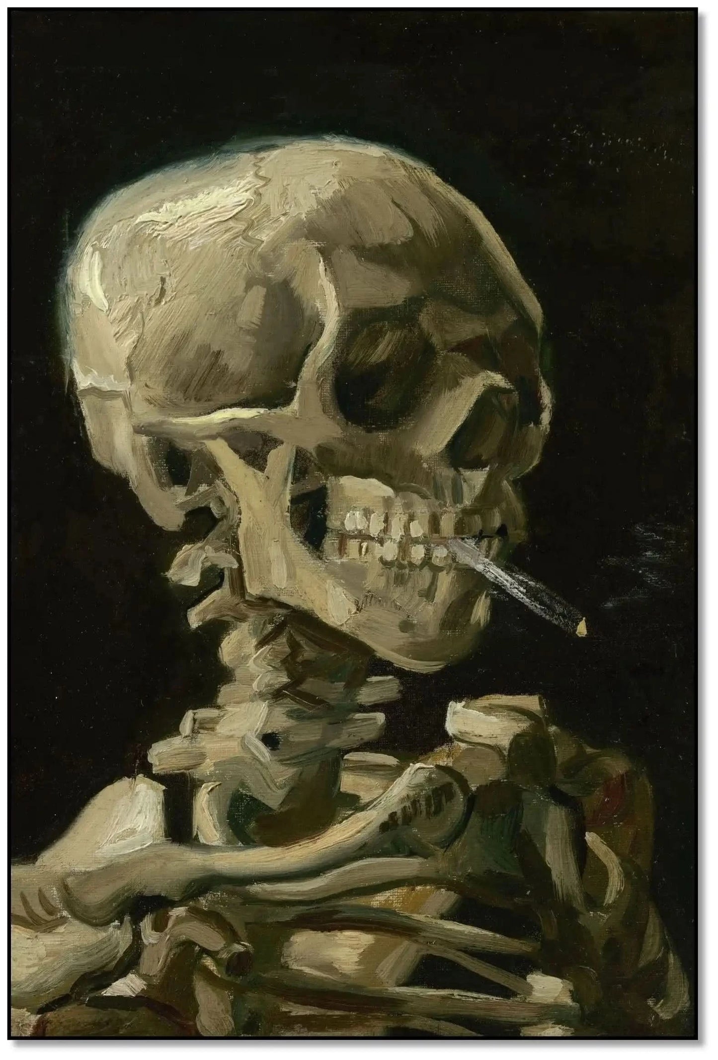 Peinture d'un crâne humain avec cigarette, tons beige et marron sur fond noir, ambiance mystérieuse pour bureau ou salon.