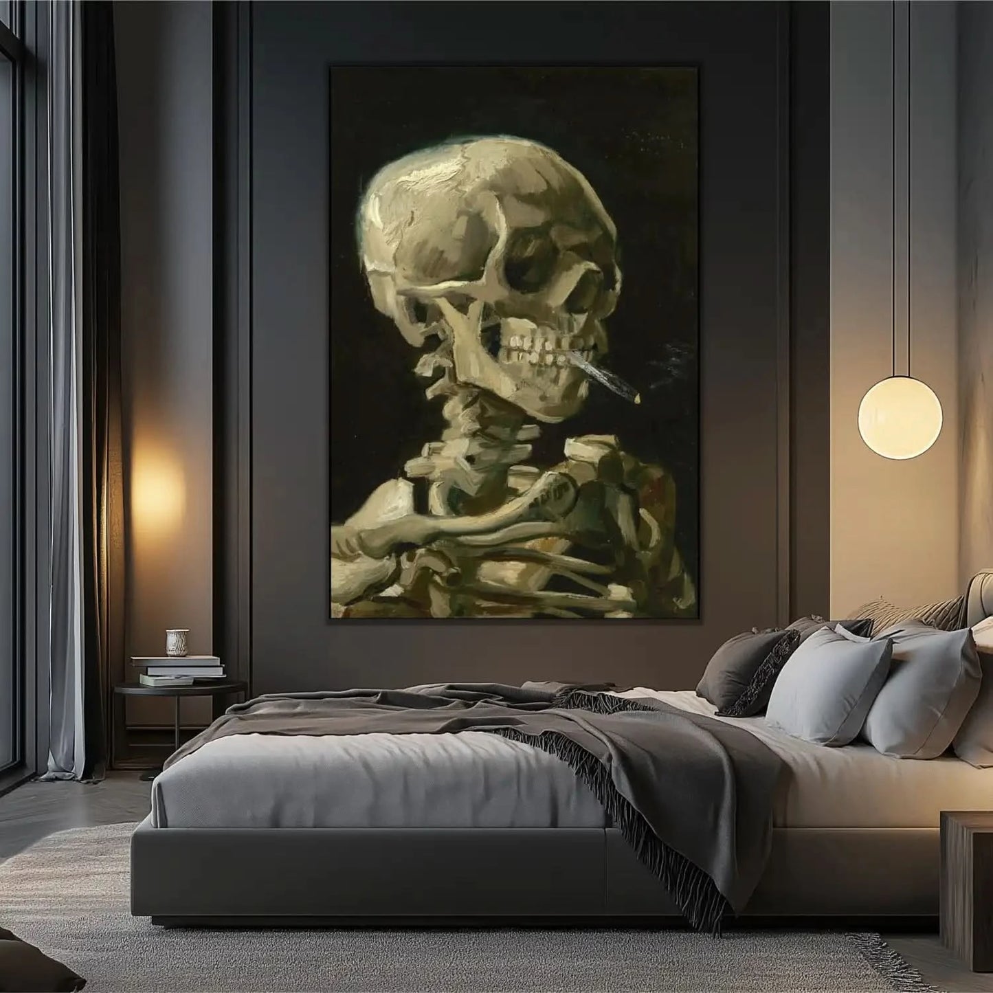 Peinture d'un crâne humain avec cigarette, tons beige et marron sur fond noir, ambiance mystérieuse pour bureau ou salon.