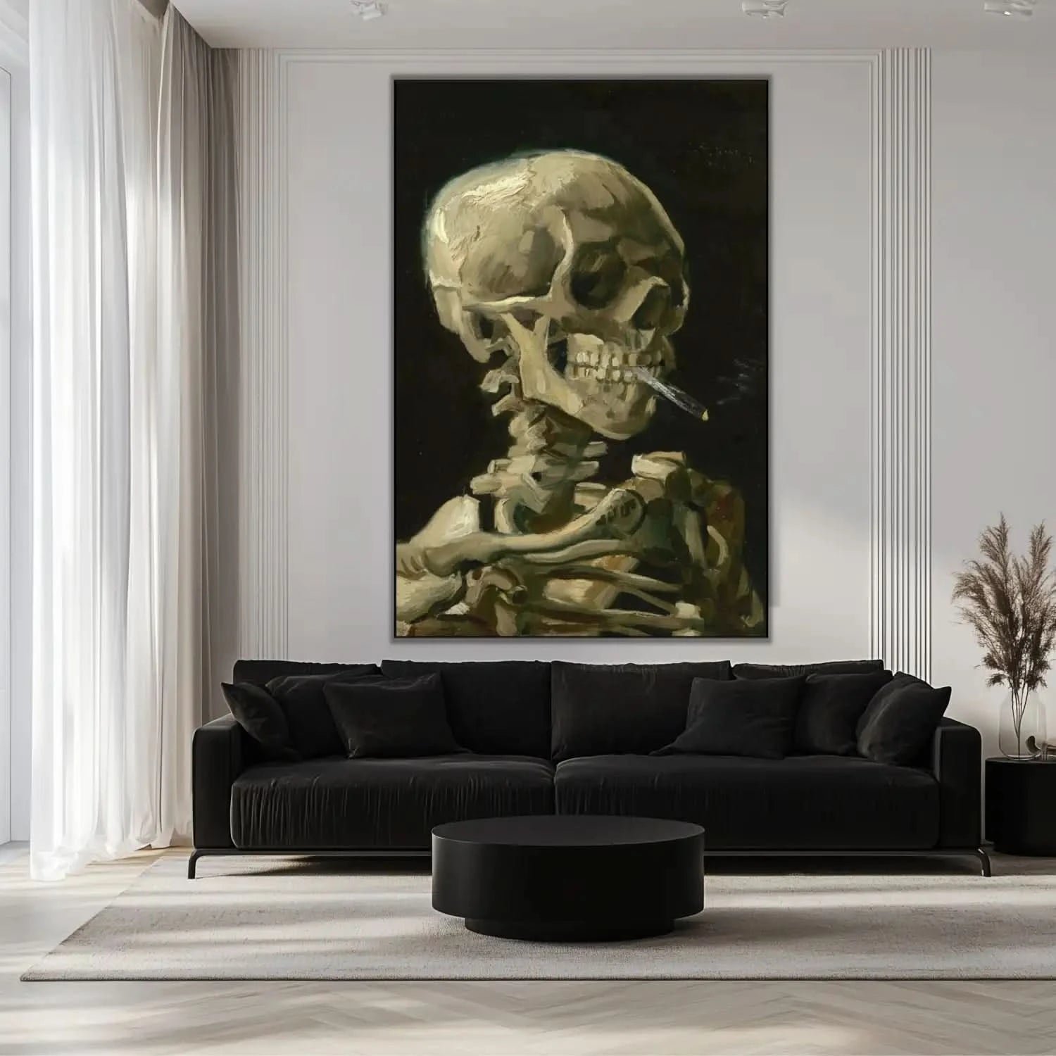 Peinture d'un crâne humain avec cigarette, tons beige et marron sur fond noir, ambiance mystérieuse pour bureau ou salon.