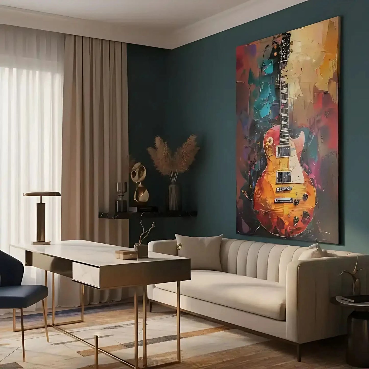 Illustration d'une guitare électrique avec des couleurs vibrantes, apportant une atmosphère dynamique et énergique à la décoration.