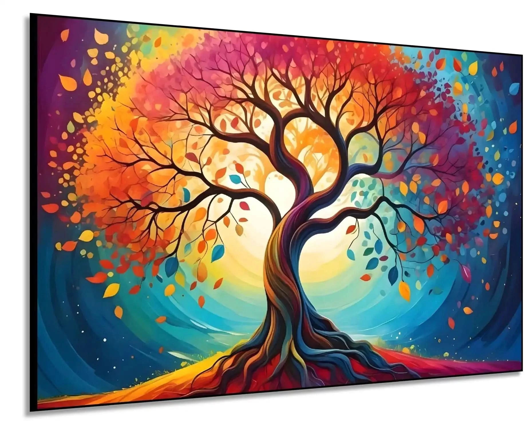 Arbre cosmique abstrait aux branches torsadées et feuilles rouges, orange, jaunes et bleues; halo lumineux; œuvre vibrante.