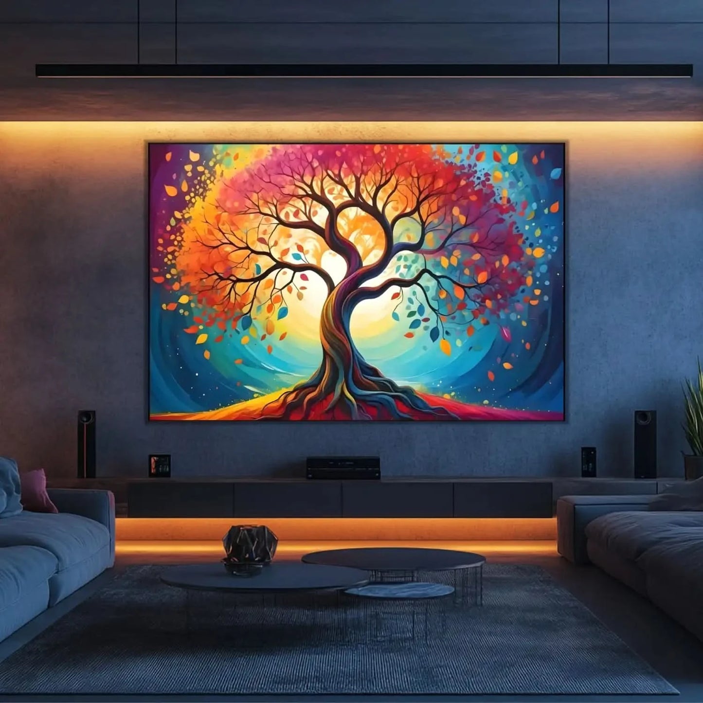 Arbre cosmique abstrait aux branches torsadées et feuilles rouges, orange, jaunes et bleues; halo lumineux; œuvre vibrante.