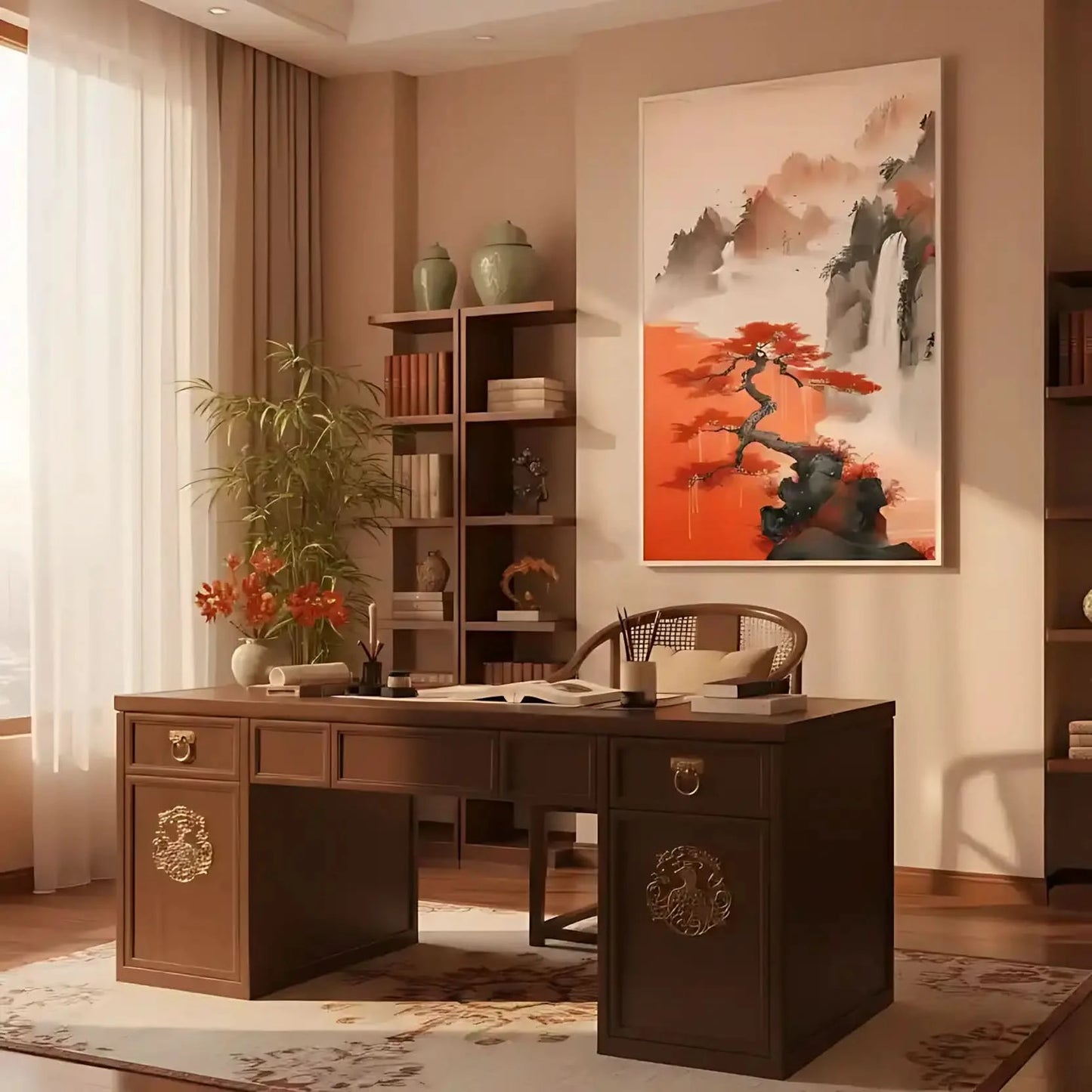 Arbre aux feuilles rouges vives, sur fond de montagnes brumeuses et de chutes d'eau, créant une ambiance sereine et poétique, idéale pour une décoration zen.