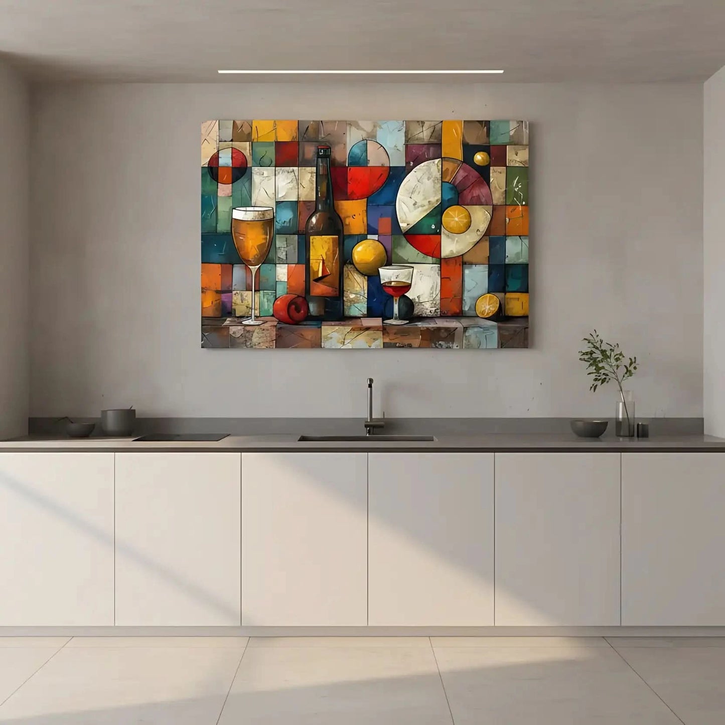 Illustration d’une composition géométrique avec des bouteilles de vin et des couleurs vibrantes, apportant une touche d’élégance.