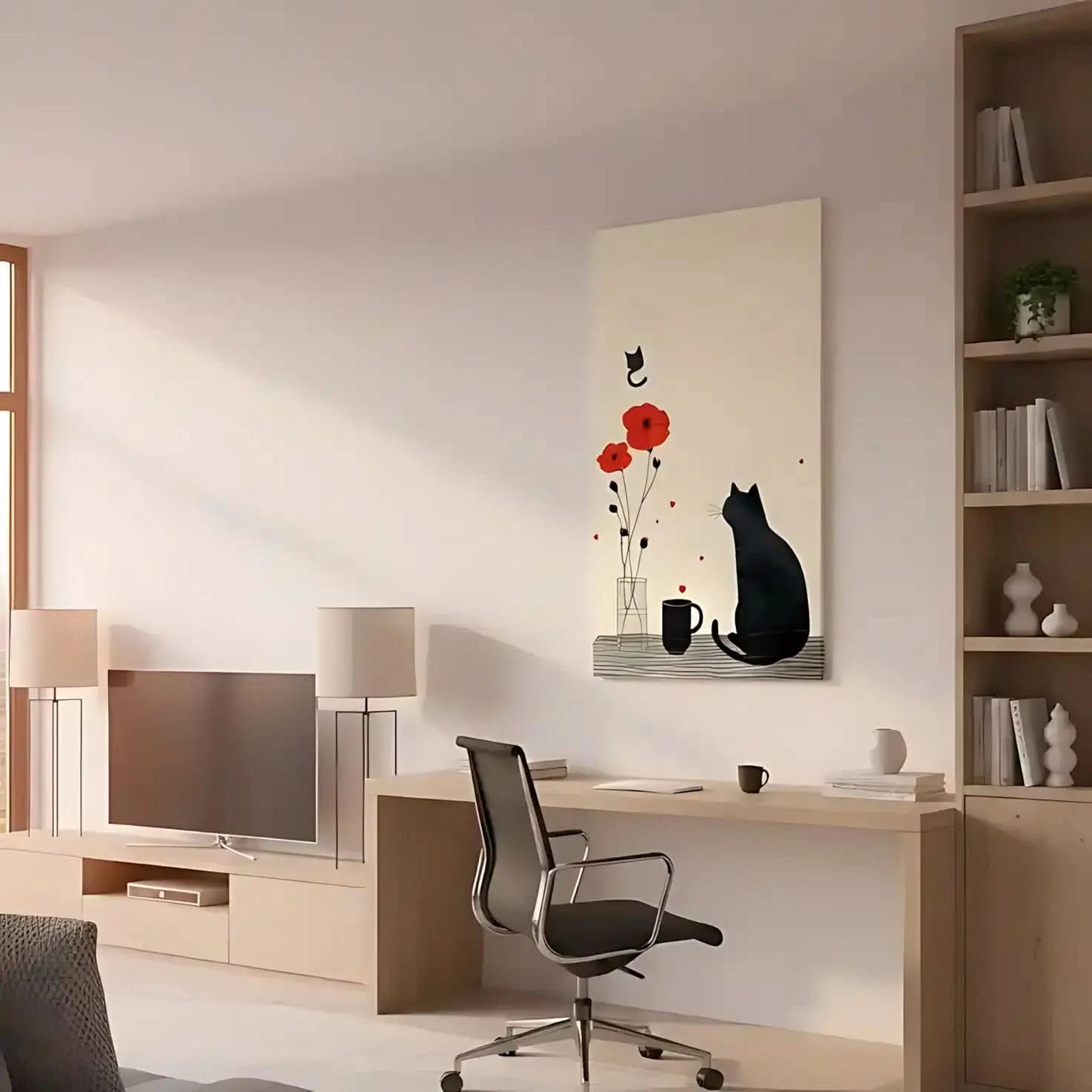 Illustration d'un chat noir observant des fleurs rouges et un autre chat volant, idéale pour une chambre enfantine.