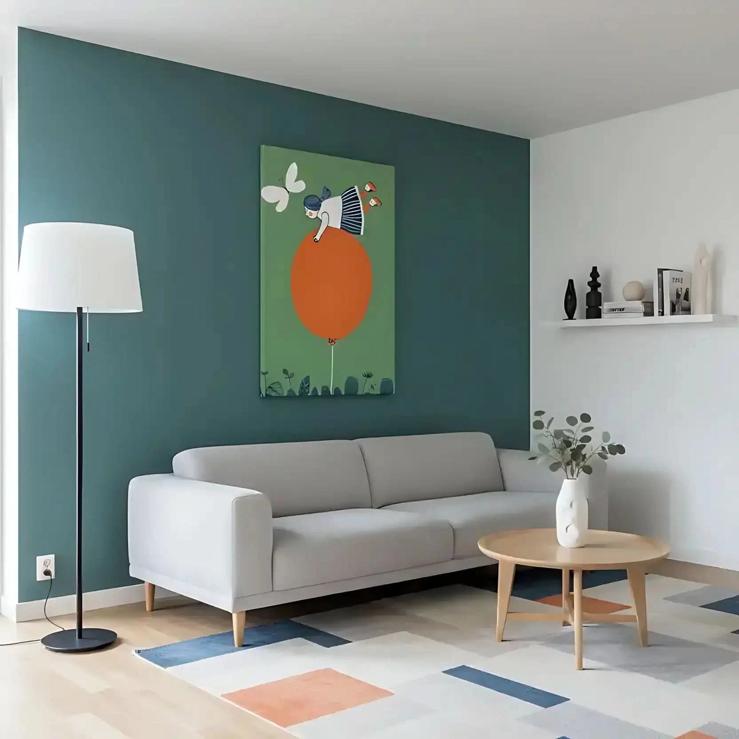 Illustration d'une fille perchée sur un ballon orange, entourée de plantes et d’un papillon. Une scène ludique et joyeuse, parfaite pour une chambre d'enfant créative.