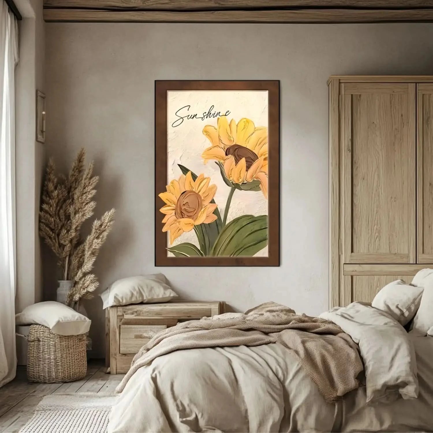 Tournesols texturés en relief avec pétales jaune éclatant et cœur brun; feuillage vert et fond beige; chaleur pour la maison.