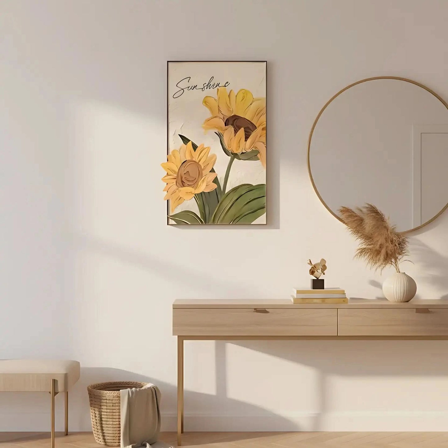 Tournesols texturés en relief avec pétales jaune éclatant et coeur brun; feuillage vert et fond beige; chaleur pour la maison.