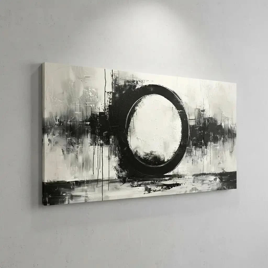Oeuvre abstraite avec un cercle noir central, entouré de coups de pinceau dynamiques en noir, blanc et gris, créant une ambiance moderne et intemporelle.