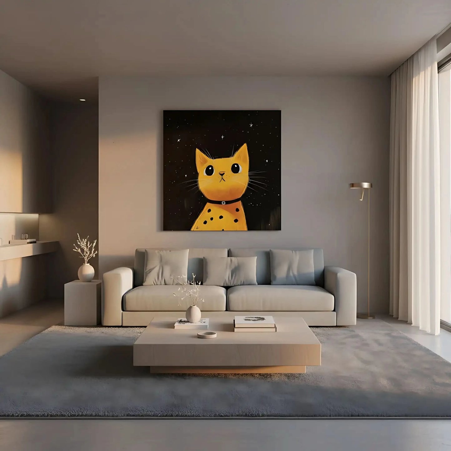 Chat jaune sous un ciel étoilé, créant une ambiance chaleureuse et magique, parfait pour un salon moderne.