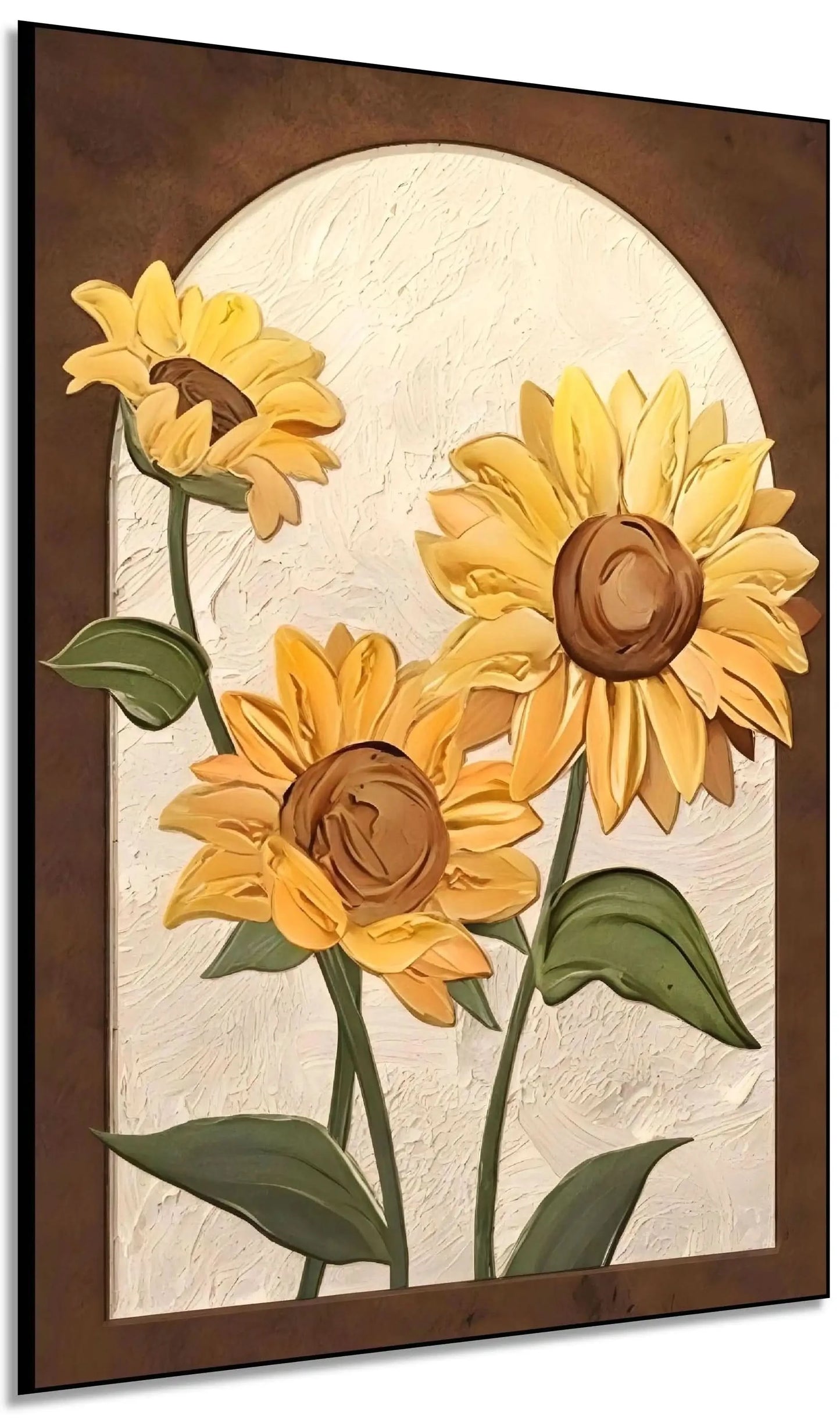 Trio de tournesols texturés; pétales dorés, cœurs bruns et feuilles vertes; œuvre chaleureuse idéale pour cuisine et salon.