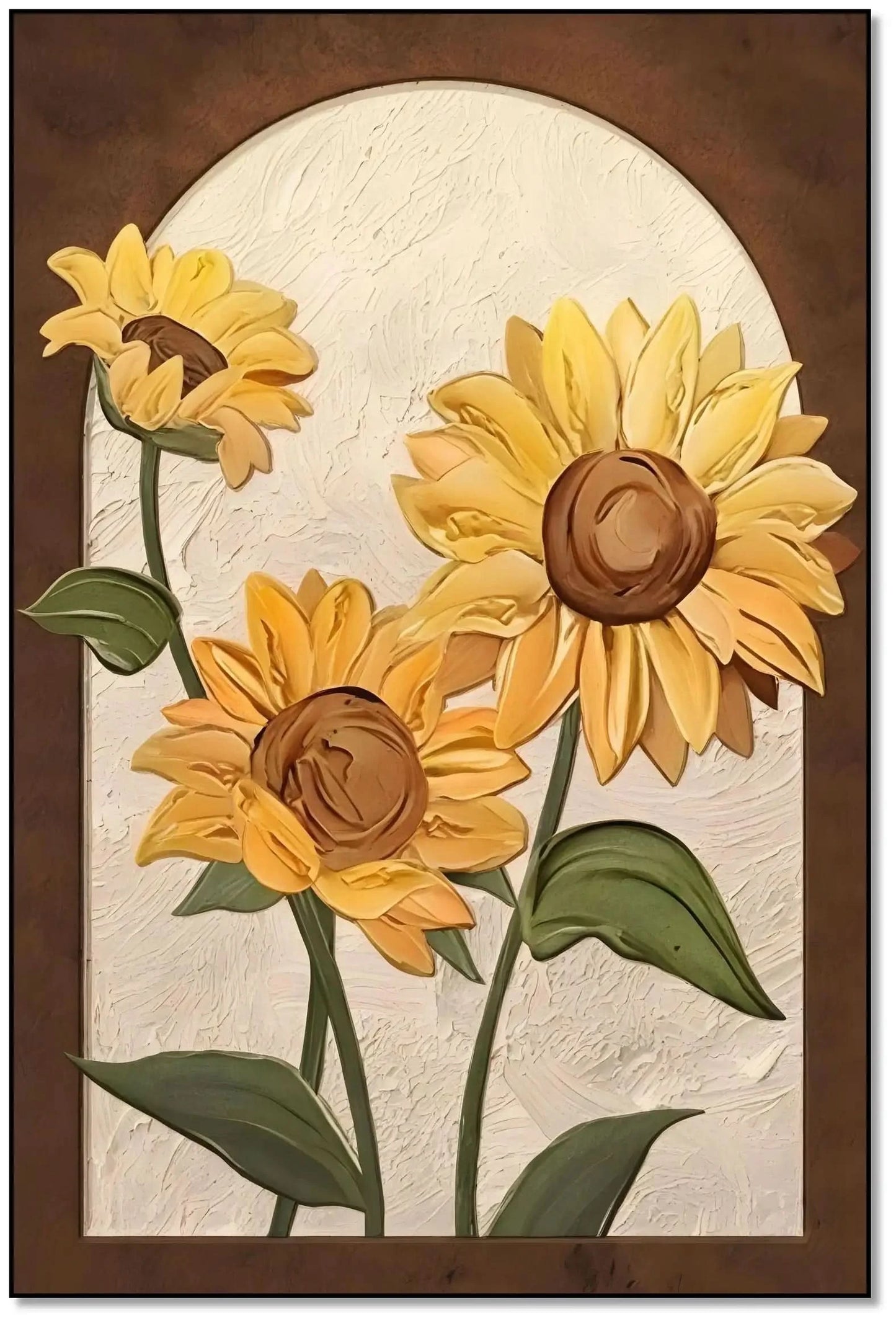 Trio de tournesols texturés; pétales dorés, cœurs bruns et feuilles vertes; œuvre chaleureuse idéale pour cuisine et salon.