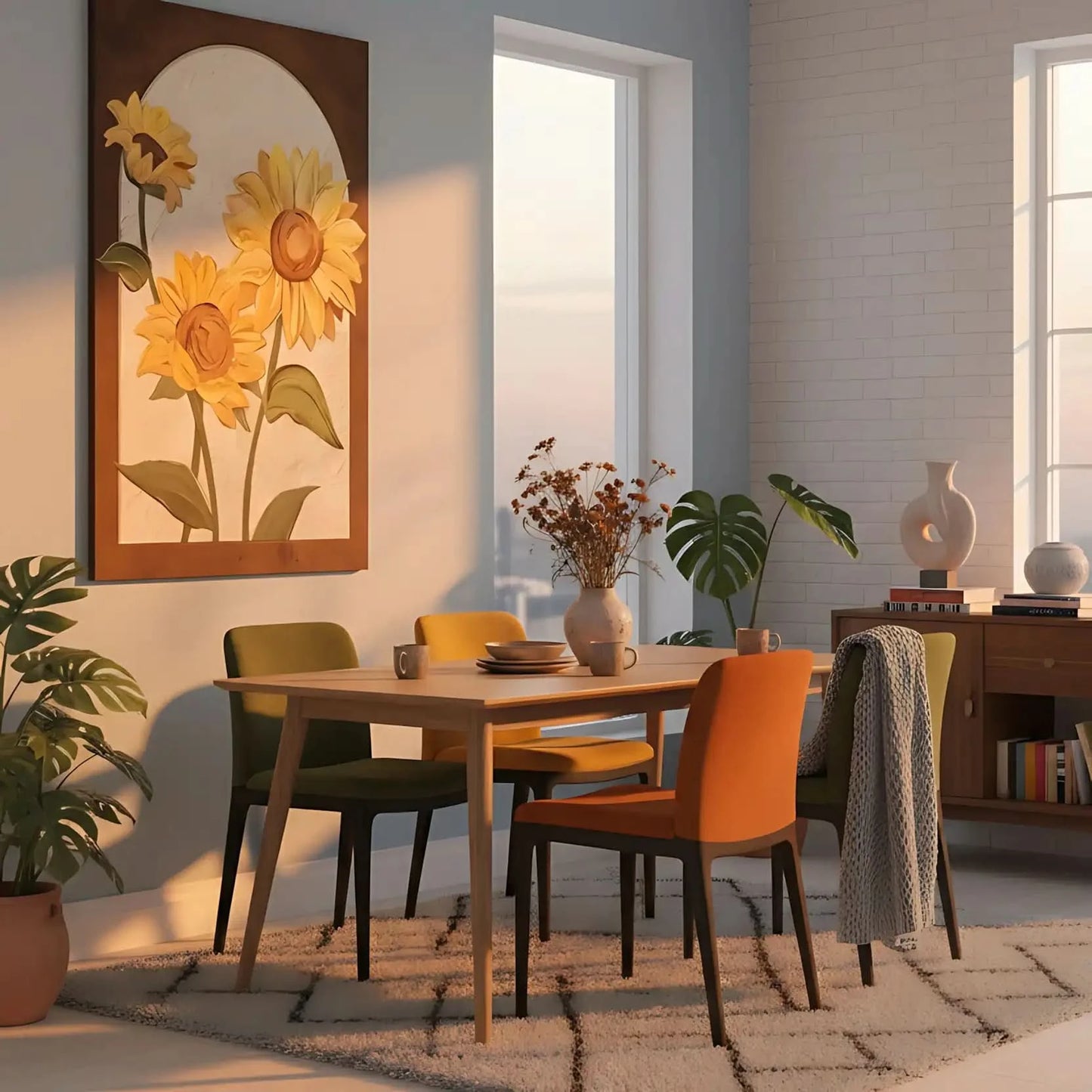 Trio de tournesols texturés; pétales dorés, coeurs bruns et feuilles vertes; oeuvre chaleureuse idéale pour cuisine et salon.