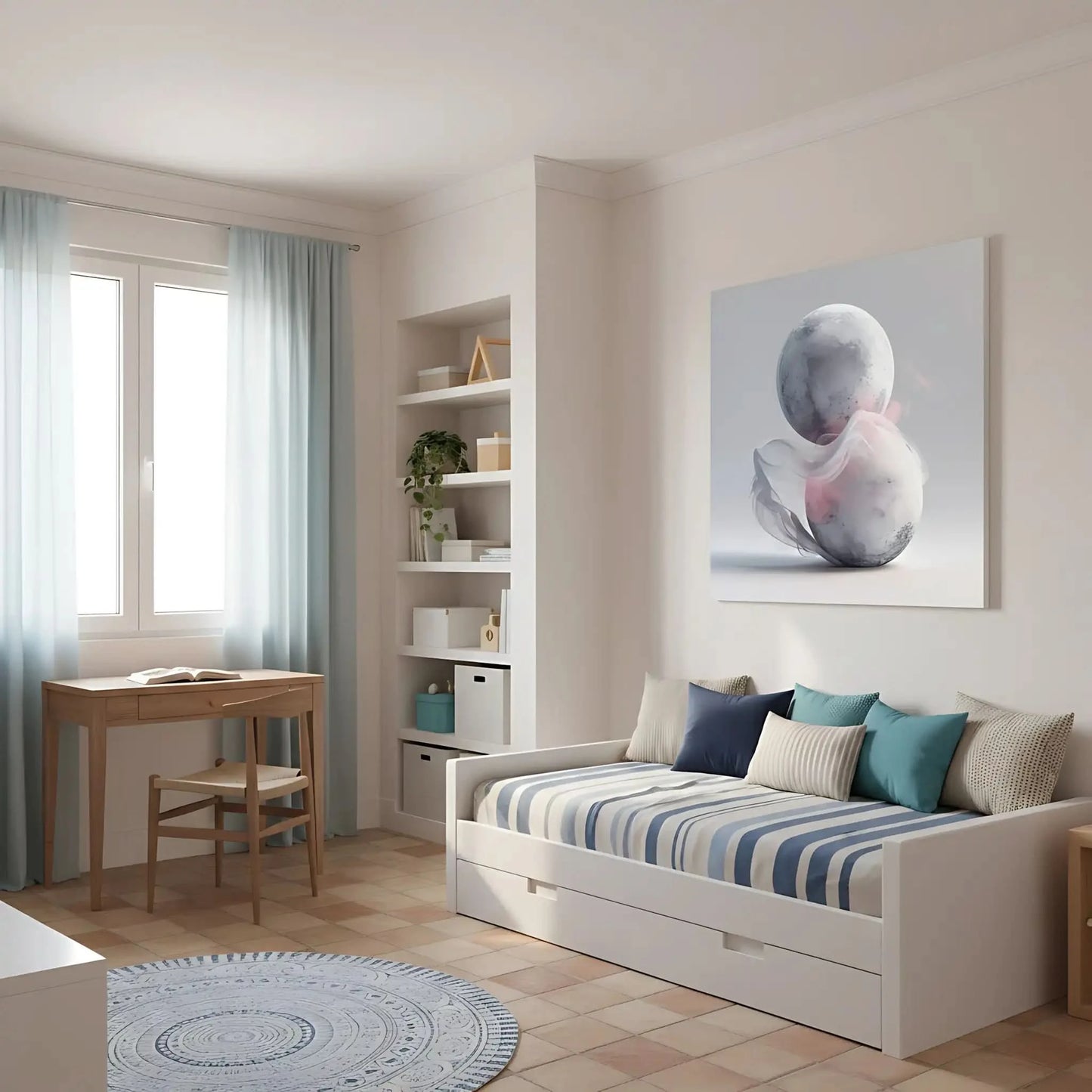 Cette oeuvre abstraite présente des sphères flottantes enveloppées de fumée douce, idéale pour des décors modernes.