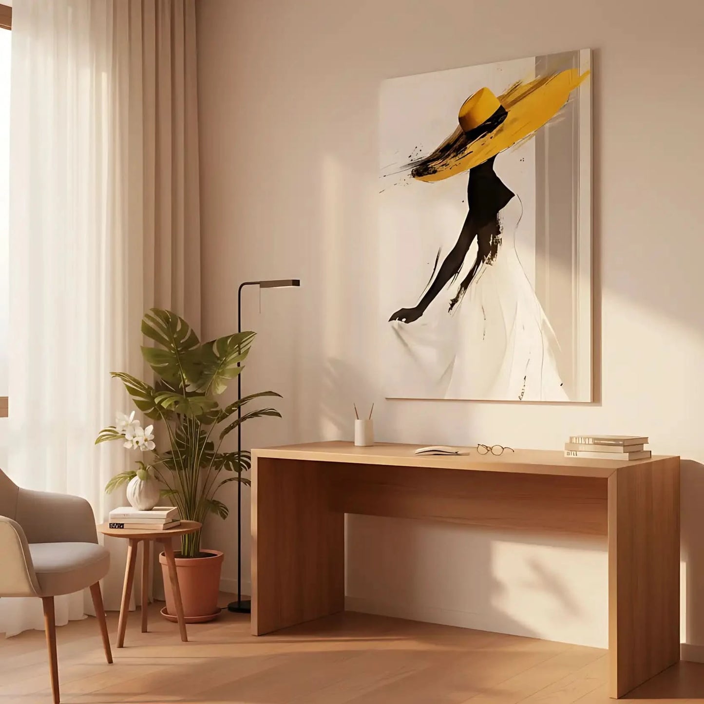 Illustration d’une femme en silhouette élégante avec des touches de jaune vibrant, créant une ambiance de sophistication et mouvement.