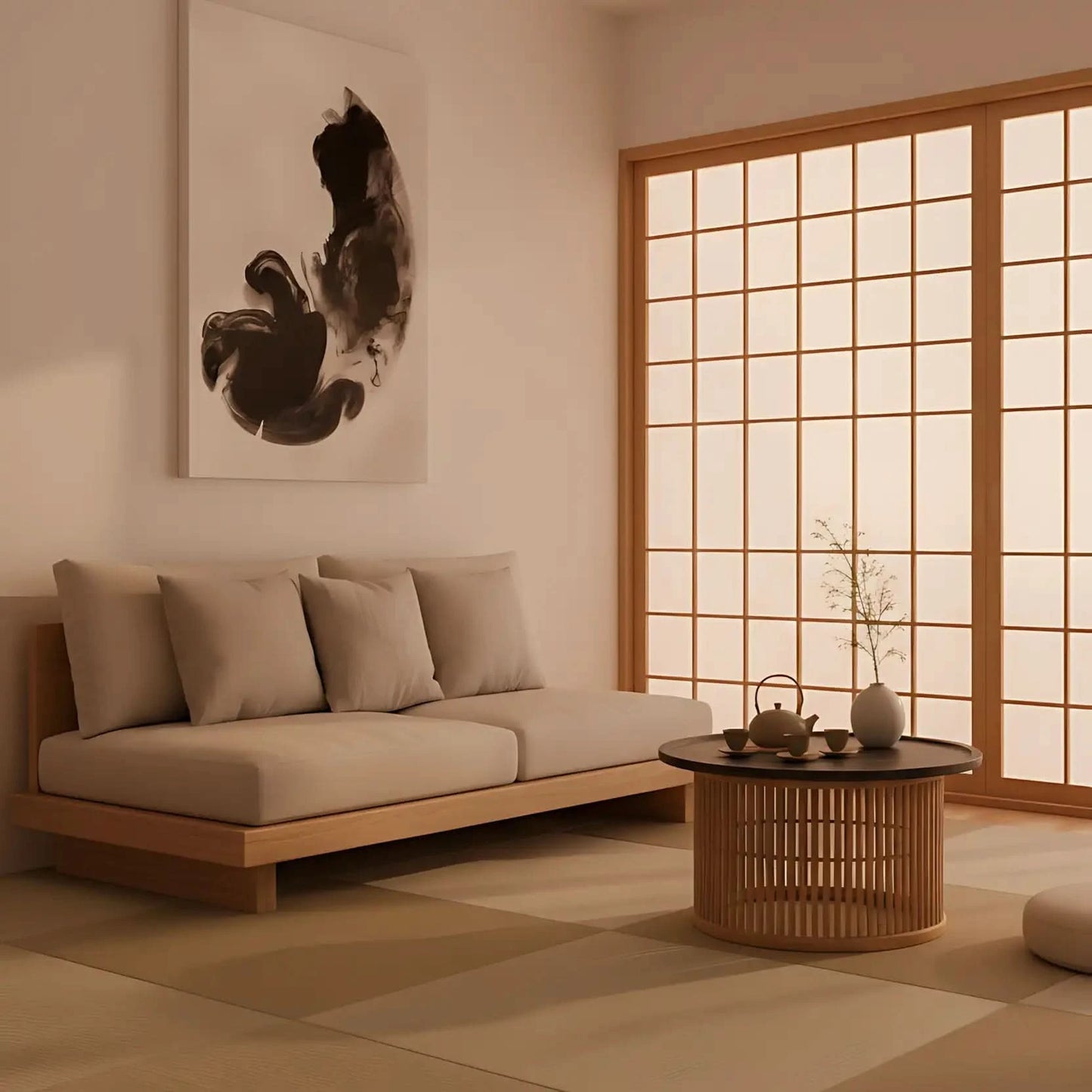 Illustration d’encre en mouvement, apportant une ambiance mystérieuse et fluide à l’espace.