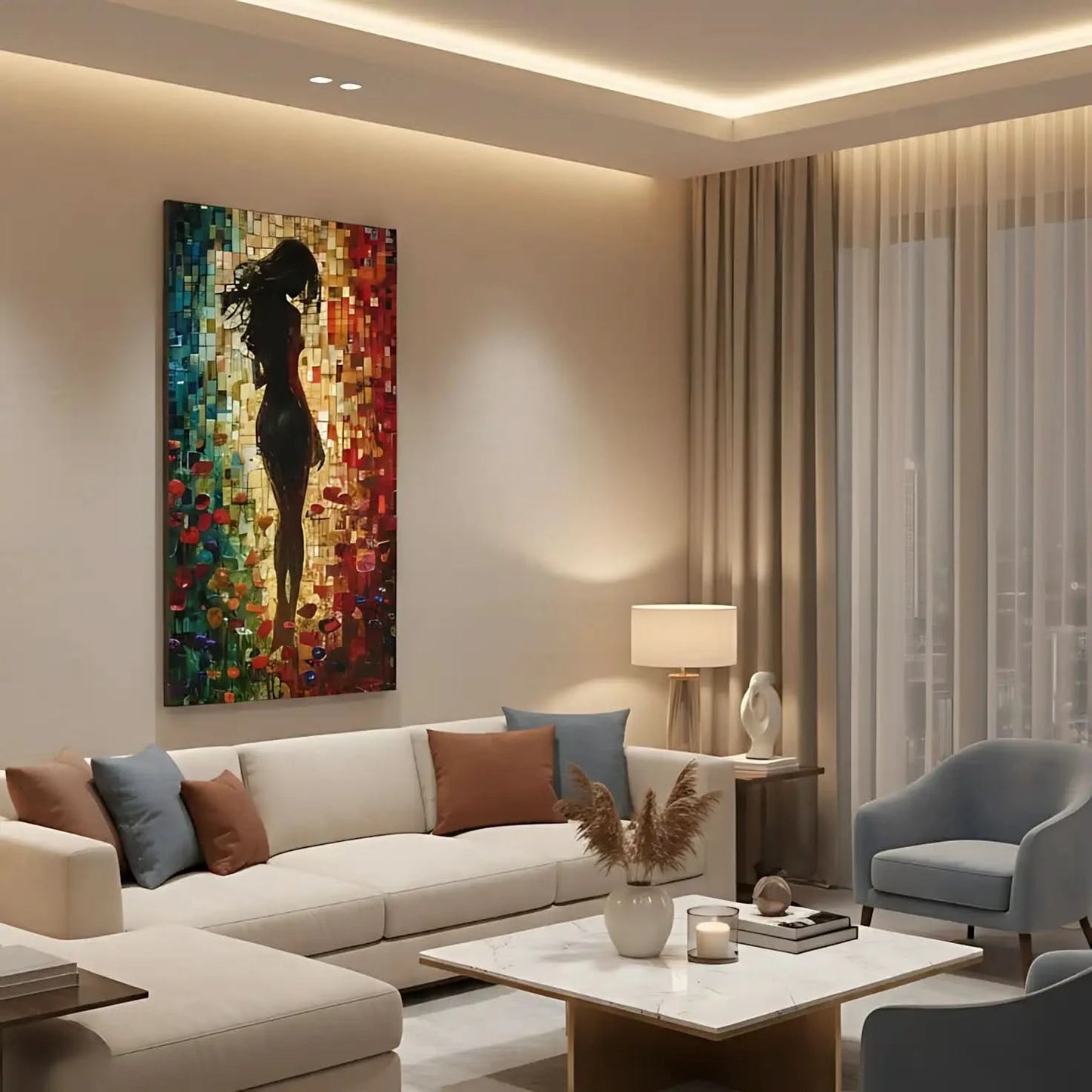 Peinture abstraite d'une silhouette féminine dans un champ de fleurs colorées, entourée de mosaïques vibrantes aux tons chauds et froids.
