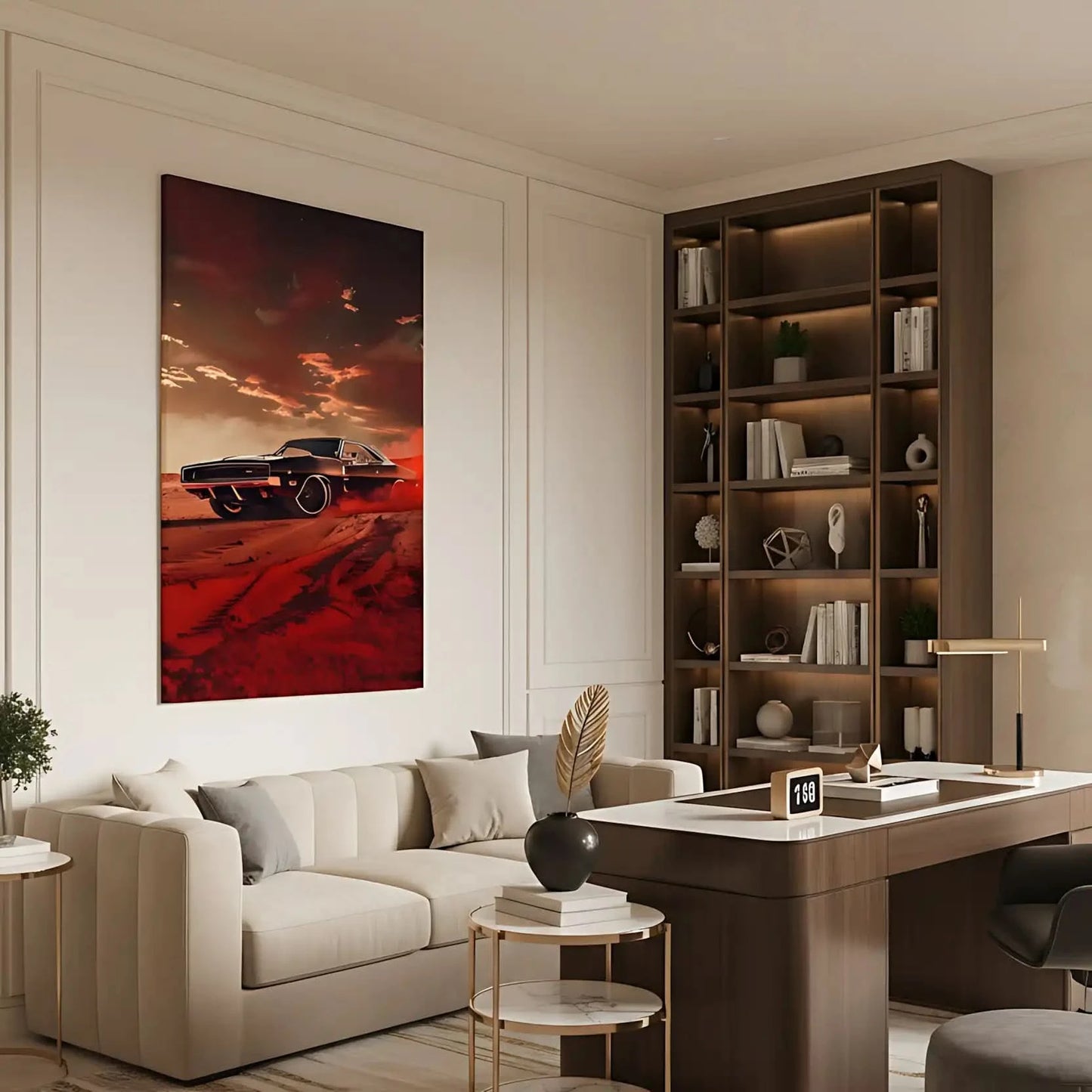 Illustration d’une voiture sportive dans une tempête rouge, apportant une atmosphère de vitesse et de dynamisme à l'espace.