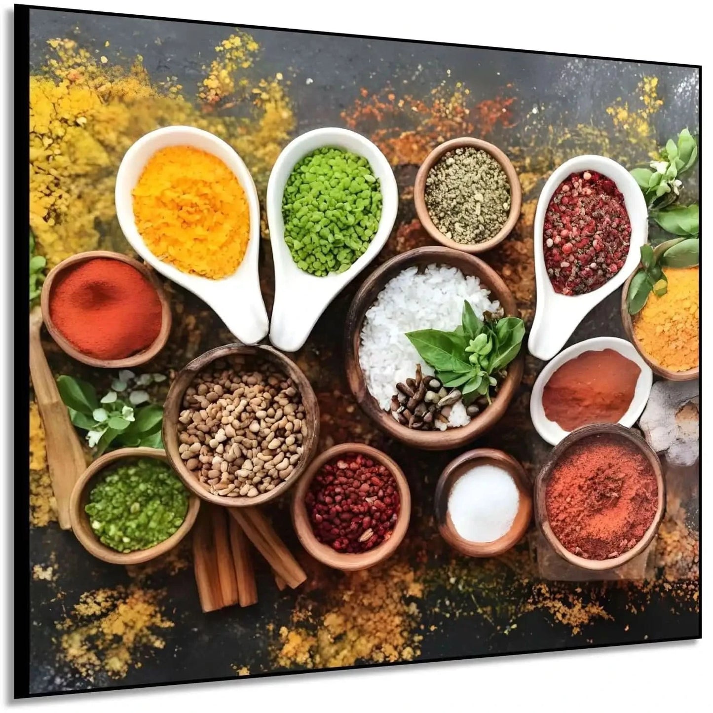 Nature morte d’épices variées: cumin, paprika rouge, curcuma jaune, basilic vert et sel; composition dynamique pour cuisine.