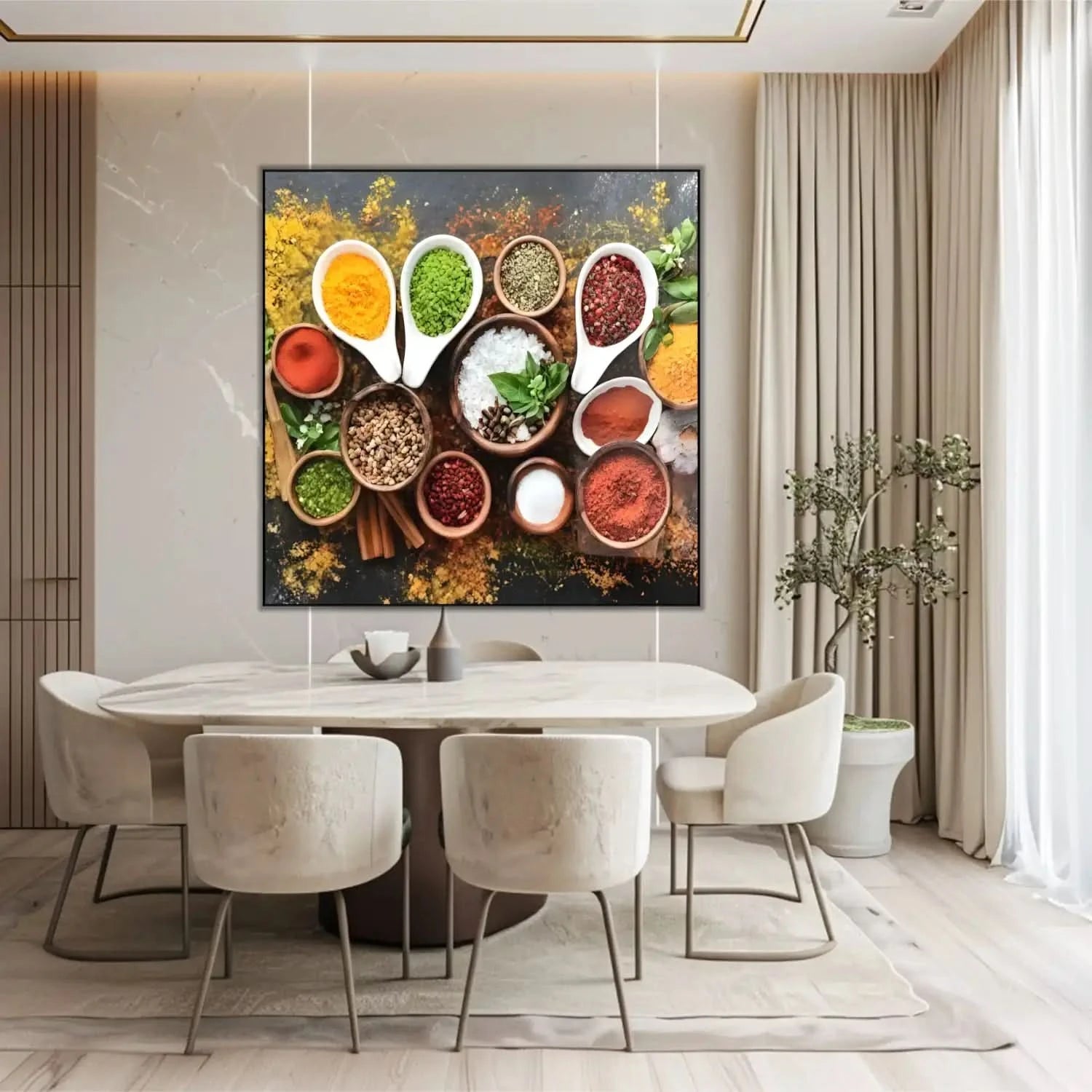 Nature morte d’épices variées: cumin, paprika rouge, curcuma jaune, basilic vert et sel; composition dynamique pour cuisine.