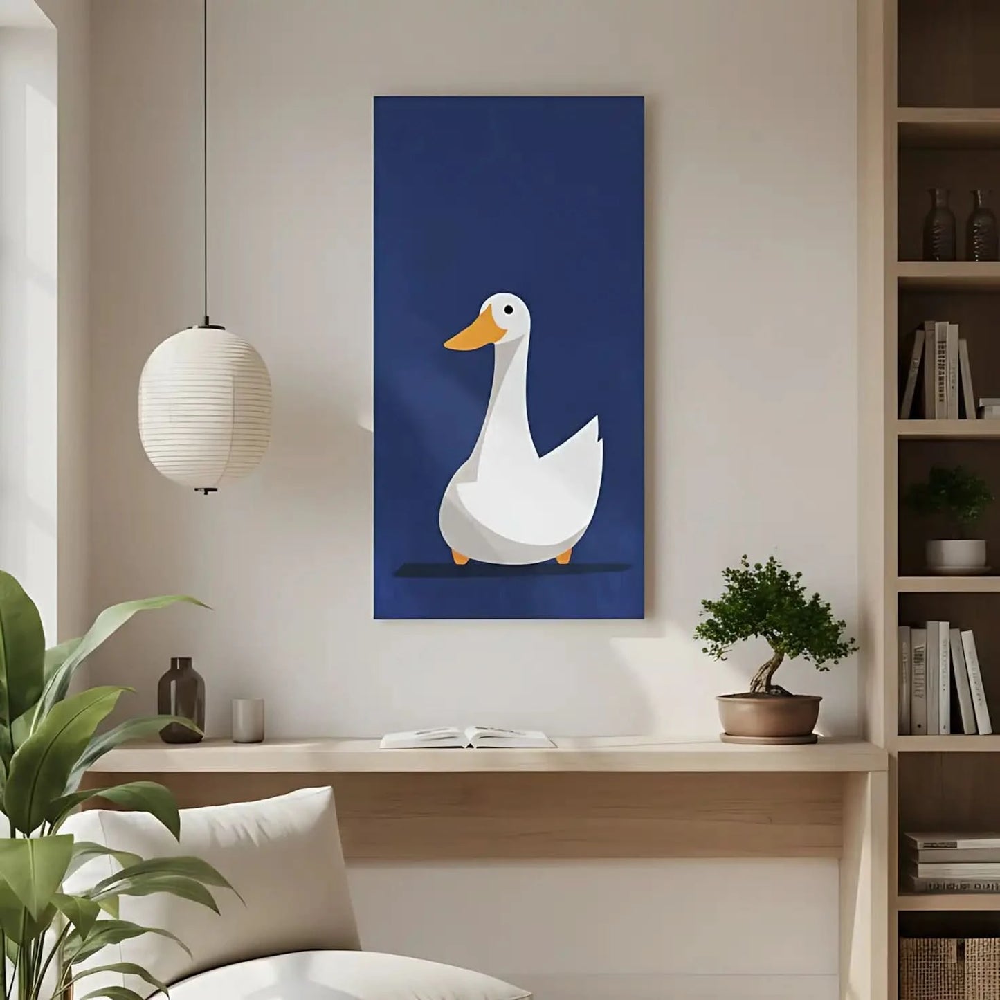 Illustration d'un canard blanc avec un bec orange sur fond bleu, créant une atmosphère douce et chaleureuse, idéale pour chambre enfantine.