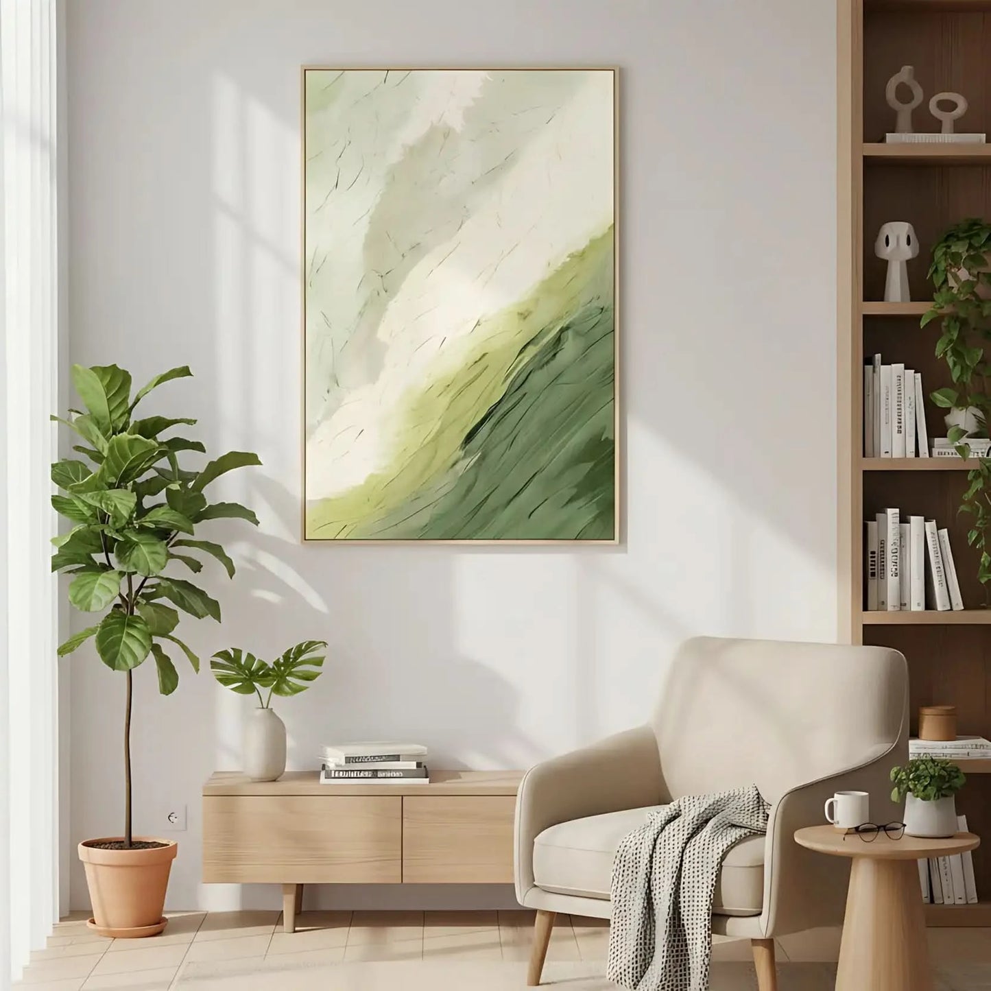 Tableau abstrait en vert et blanc avec textures douces. Atmosphère naturelle et apaisante, parfait pour un salon.