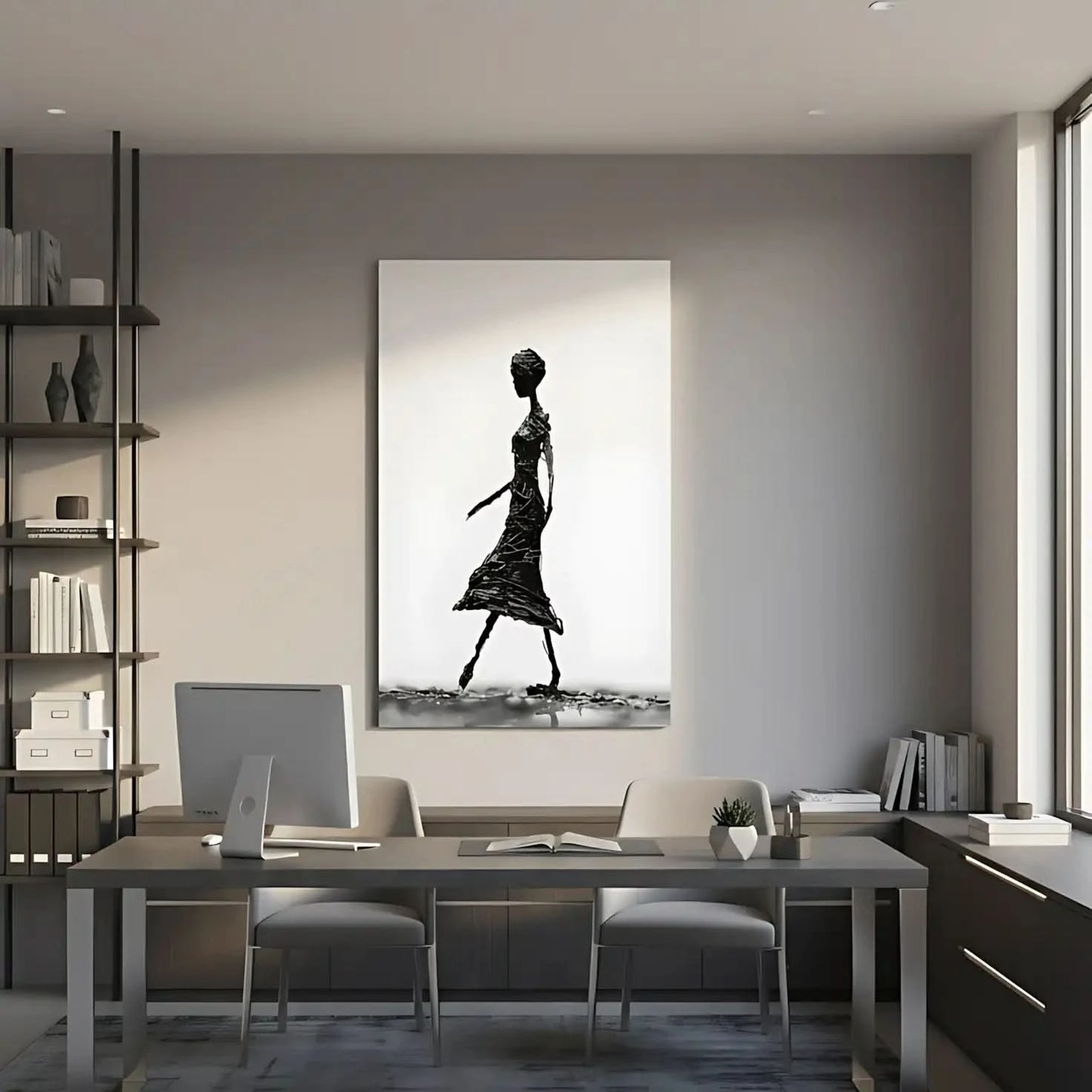 Photographie en noir et blanc d'une silhouette féminine élégante marchant, idéale pour une décoration moderne.