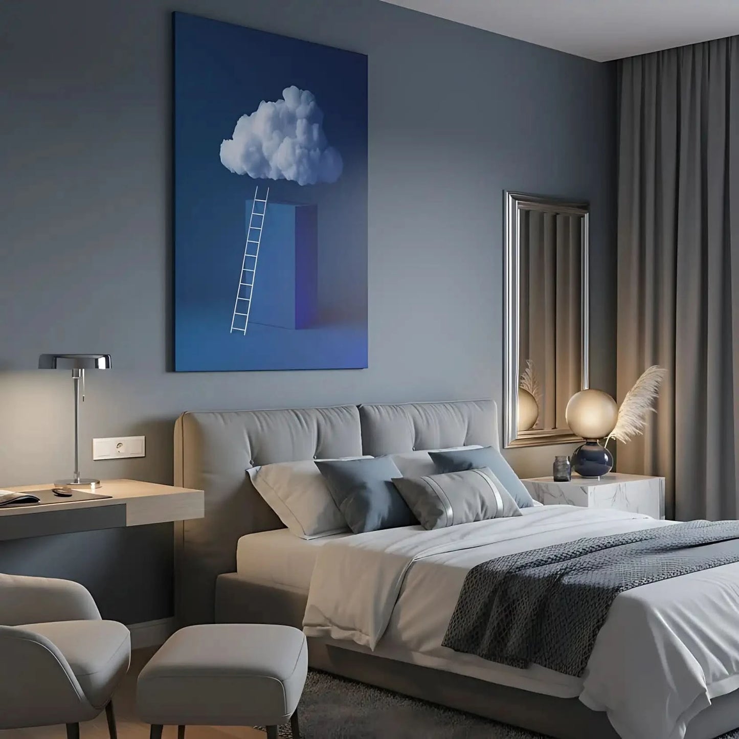 Illustration d'une échelle menant vers un nuage flottant, symbolisant l'ascension vers des rêves et des idéaux.