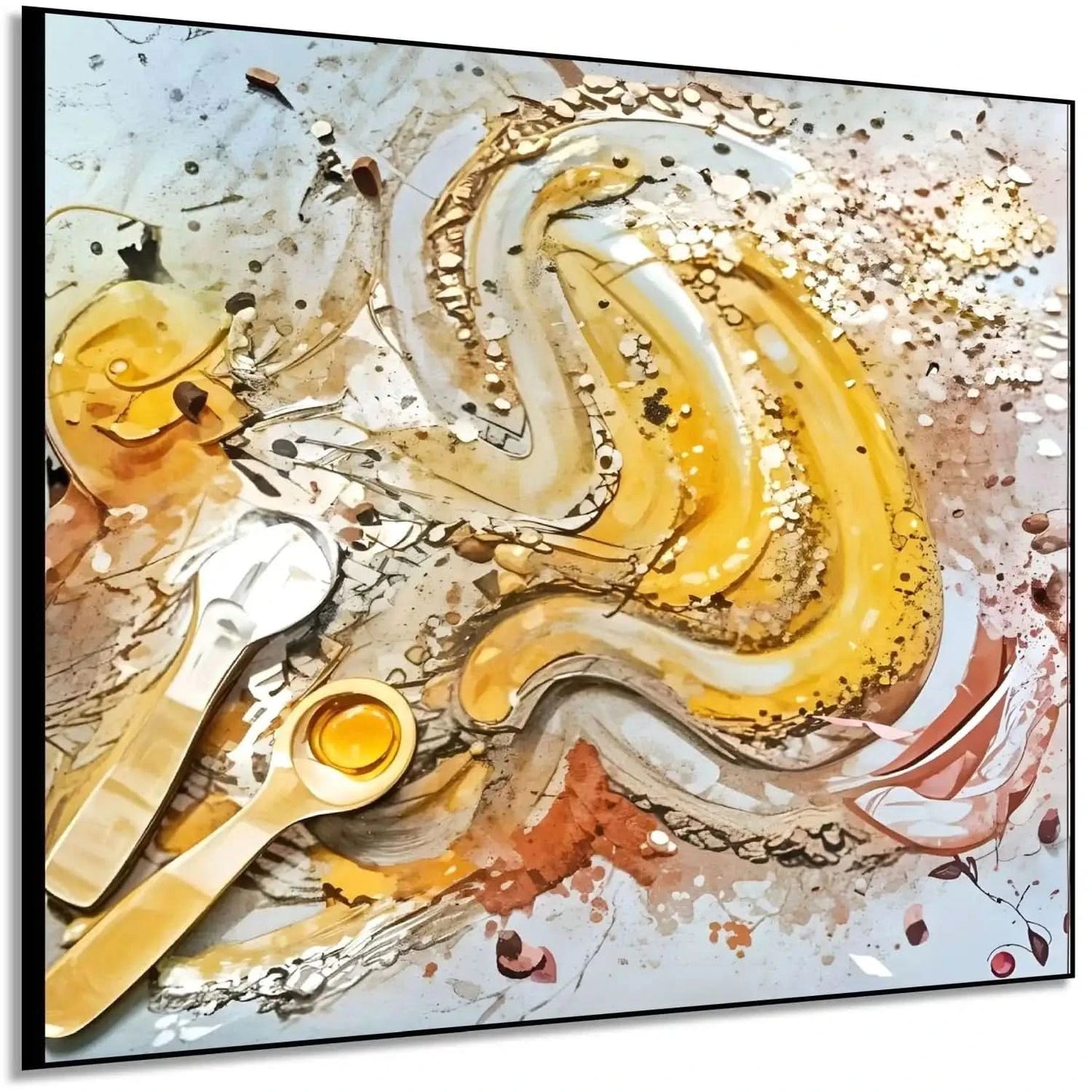Tourbillon de miel doré et caramel avec éclats beige et brun et cuillères argentées; œuvre chaleureuse pour cuisine ou salon.