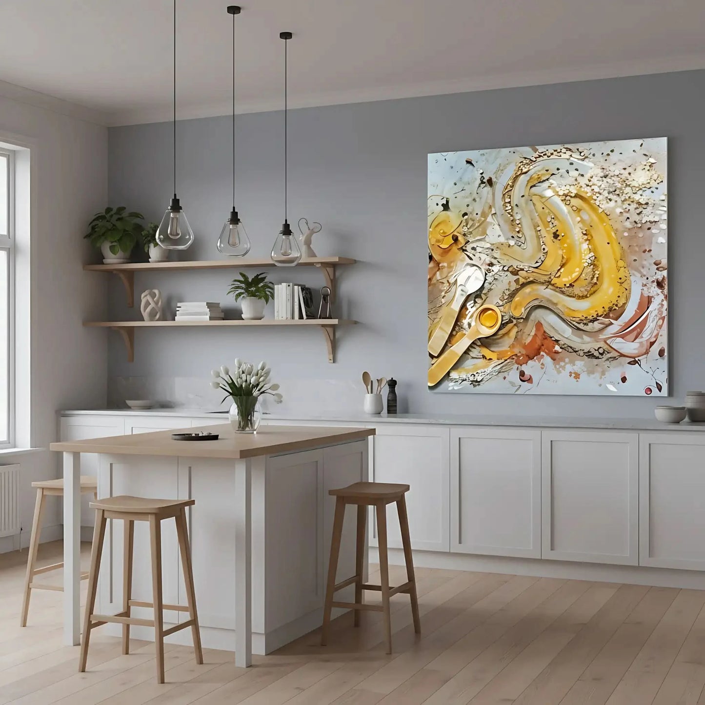 Tourbillon de miel doré et caramel avec éclats beige et brun et cuillères argentées; oeuvre chaleureuse pour cuisine ou salon.