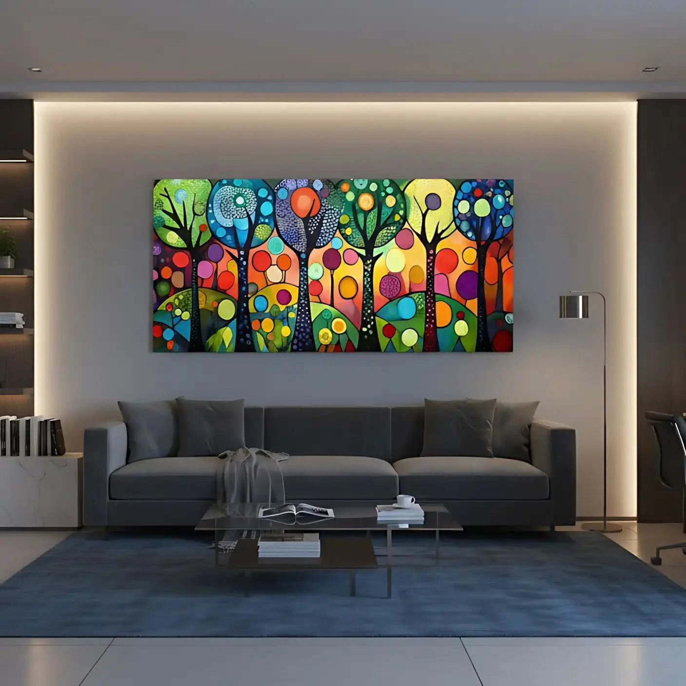 Un paysage coloré de formes abstraites représentant des arbres dans une forêt vibrante, idéal pour décorer salon ou chambre d'enfant.