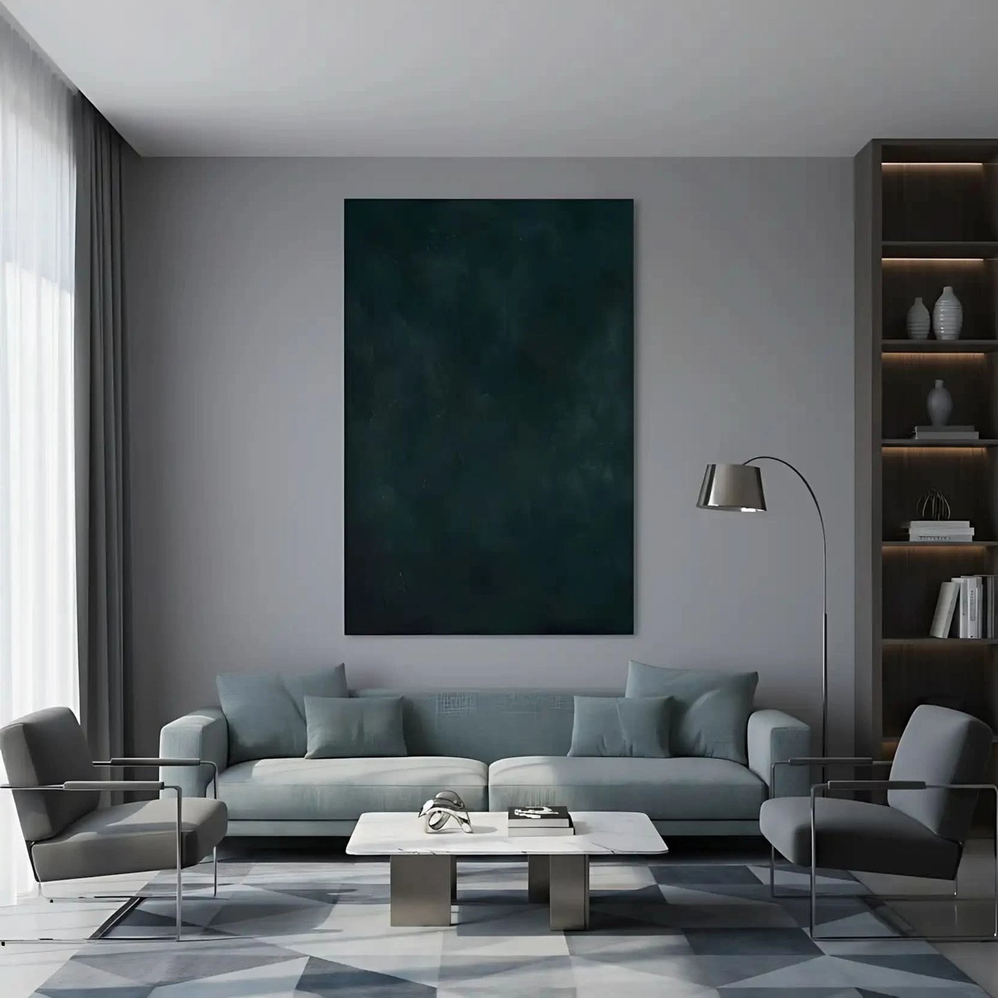 Tableau abstrait en vert foncé avec textures subtiles. Atmosphère énigmatique et apaisante, idéal pour un salon.