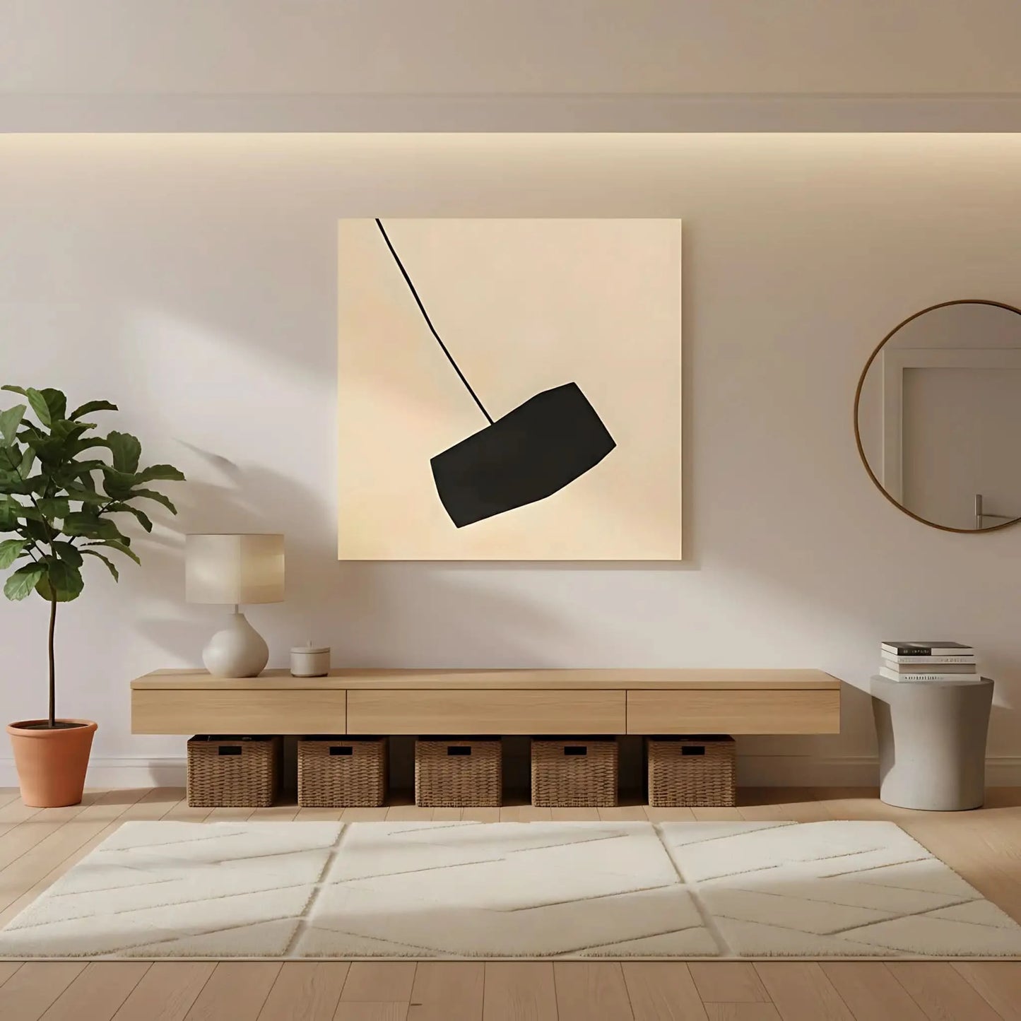 Tableau minimaliste avec fond beige et forme noire suspendue. Contraste subtil, idéal pour un salon moderne.
