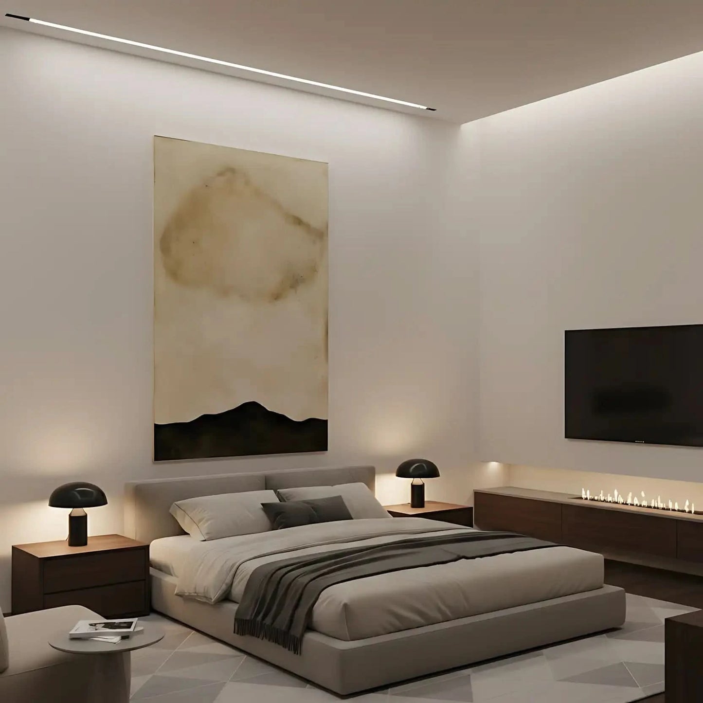 Tableau minimaliste en beige et noir avec horizon abstrait. Atmosphère sereine, idéal pour un salon moderne.