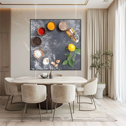 Nature morte minimaliste avec épices rouges et jaunes, grains de café, ail et citron; composition épurée.