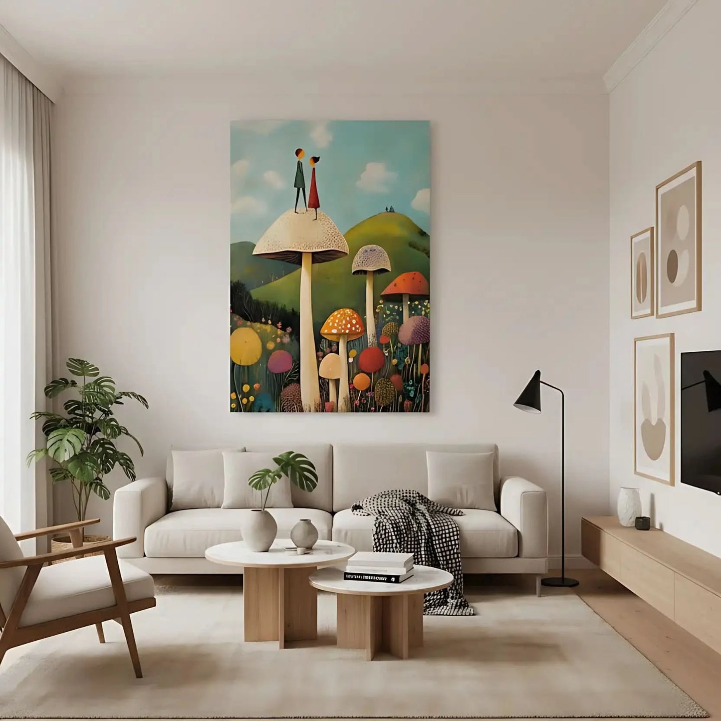 Illustration d'un couple de personnages sur un champignon géant dans un jardin enchanté, entouré de fleurs colorées.