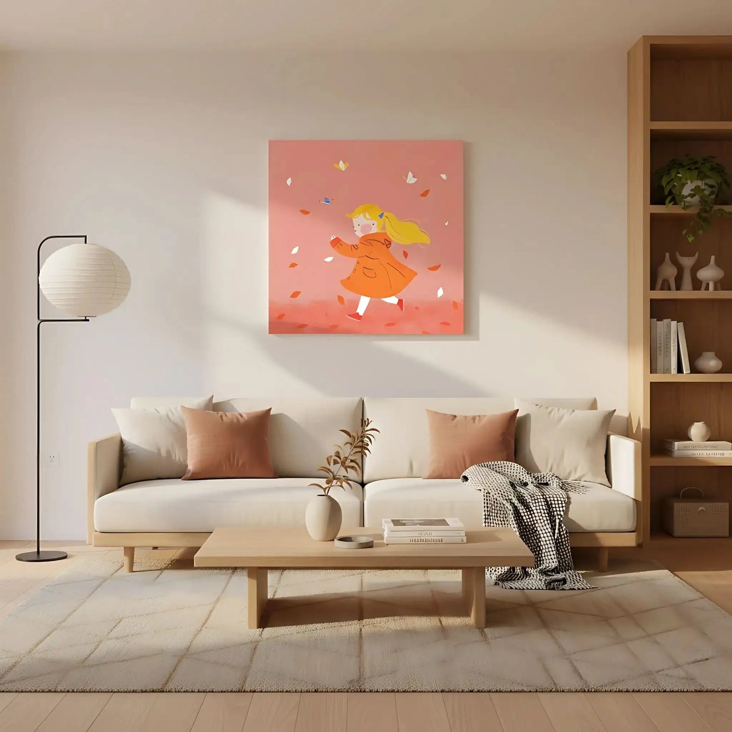 Illustration d'une enfant courant joyeusement parmi les feuilles d'automne, apportant une touche de fraîcheur et de liberté.