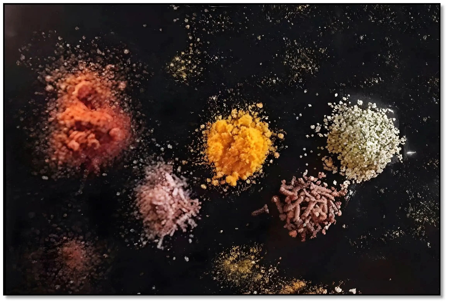 Explosion d’épices abstraite: paprika rouge, curcuma jaune, sel rose et graines blanches sur fond noir; œuvre mystérieuse.